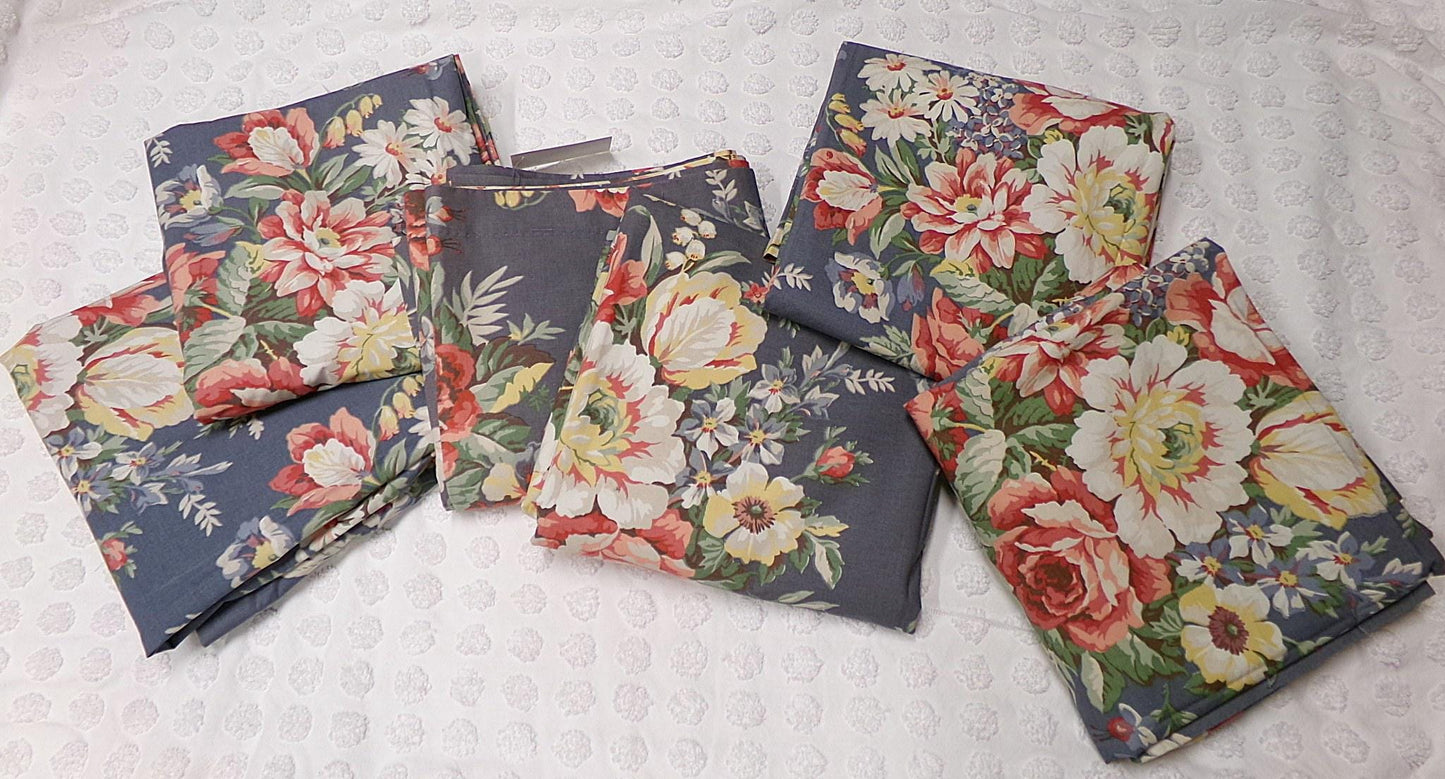 Lot of 3 Pair Ralph Lauren Kimberly Drapes Window Curtains, 6 Panels of Vintage Blue Floral Drapery Panels