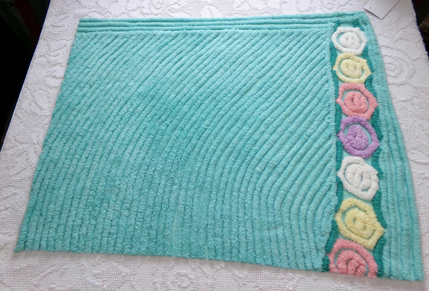 vintage plush aqua chenille fabric, rainbow lollipop roses design, 19" x 24" piece of sewing material
