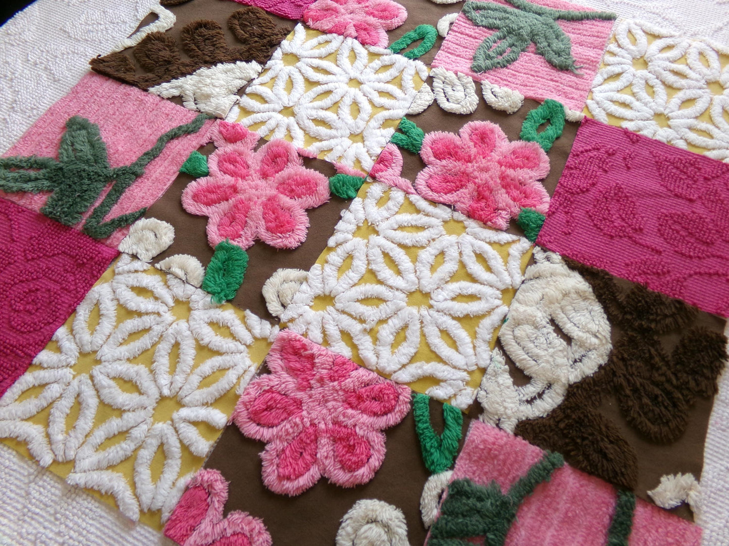 vintage chenille fabric squares, "fairy trail" set of 16 chocolate & pink 6" quilt blocks for quilting, crafts, sewing