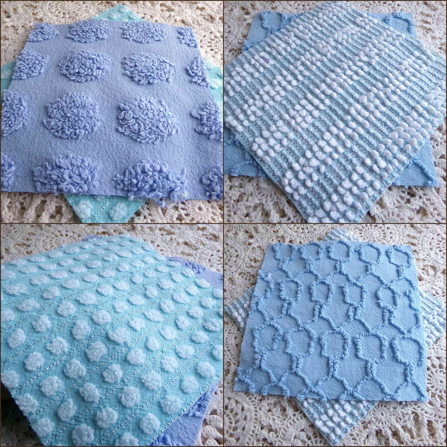 lake breeze vintage chenille quilt squares, set of 16 cool blue & aqua cotton 6" quilt blocks for quilting, upcycling into crafts