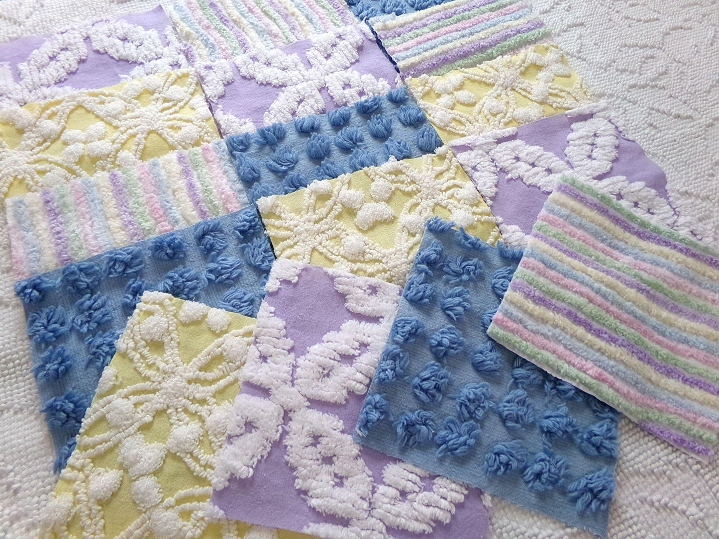 over the rainbow chenille fabric squares, set of 16 vintage quilt blocks 6" inches ea, dreamy serene blue, sunny yellow, soft lilac