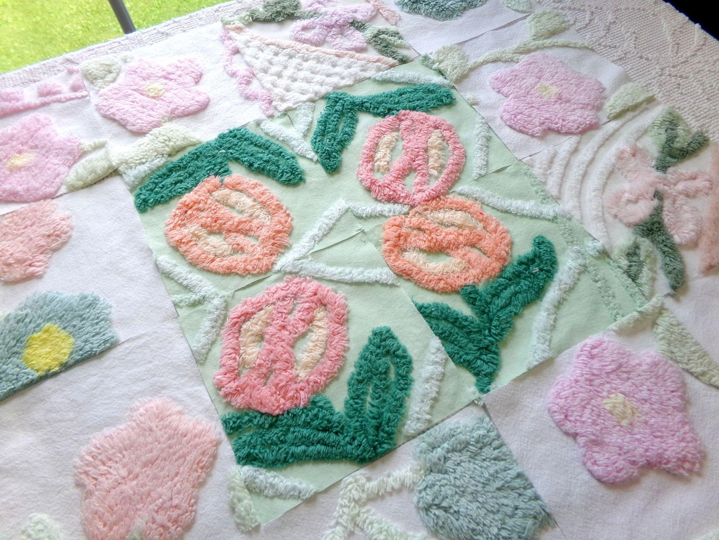 blooms chenille fabric squares, set of 16 lovely vintage floral 6" craft blocks, for quilt inlays, pillows, fiber arts