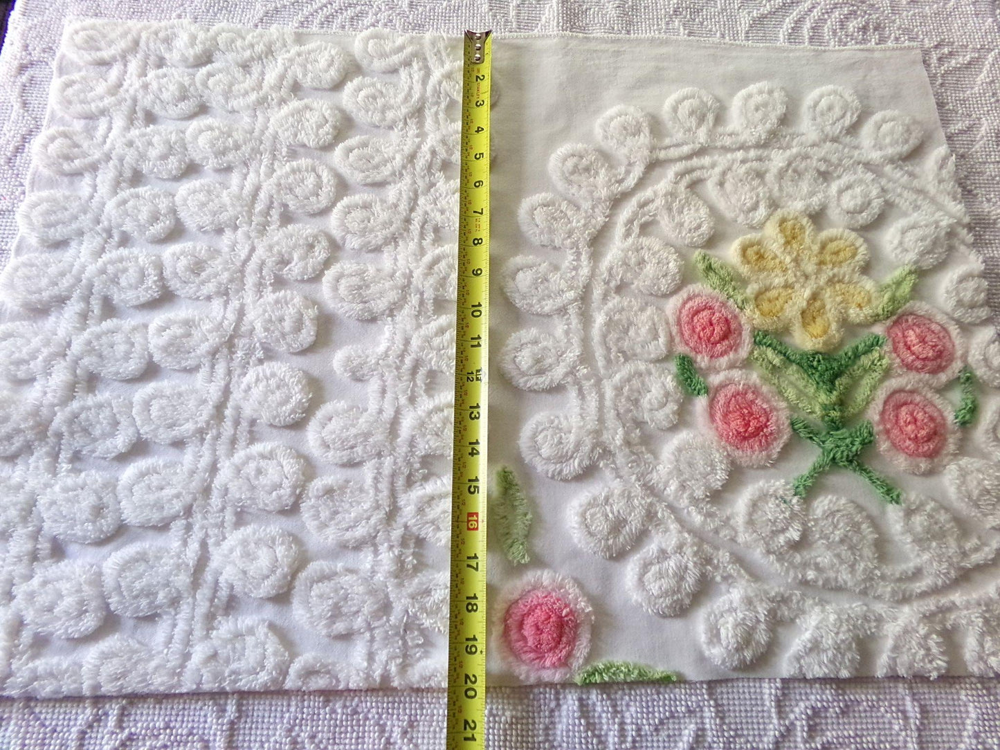 sculpted wedding cake vintage chenille fabric, lovely bridal white curlicues & rosette florals, 19" x 27" inch piece cotton sewing material