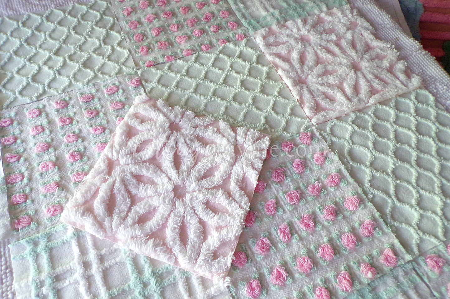Picnic Time Chenille Quilt Squares Set from Vintage Bedspread Fabric, 16 Blocks, 6" x 6" inches each, Pretty Green, White, Pink Rosebud