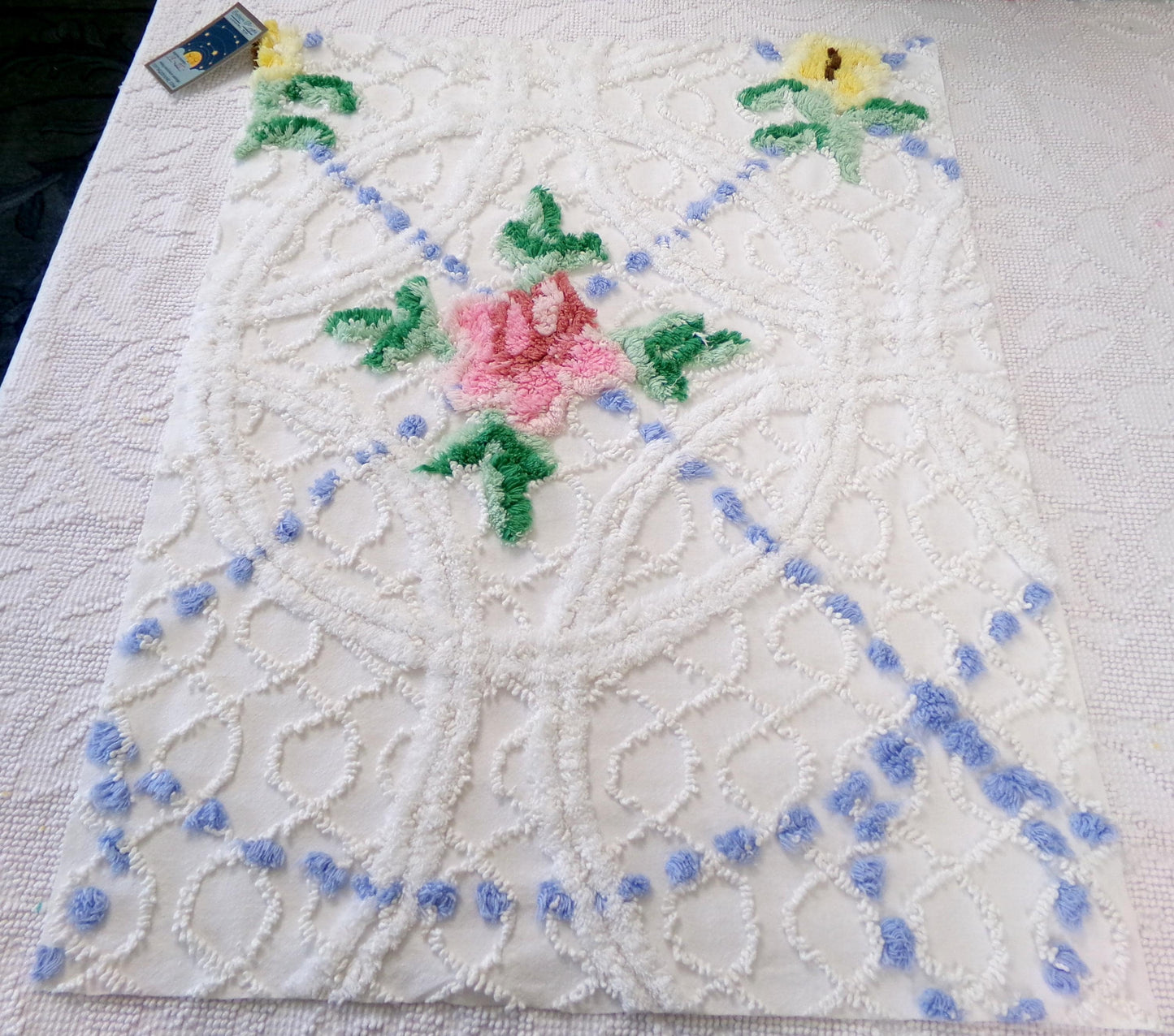 rose cottage vintage chenille fabric, floral design on white, 19" x 25" cut piece for arts & crafts