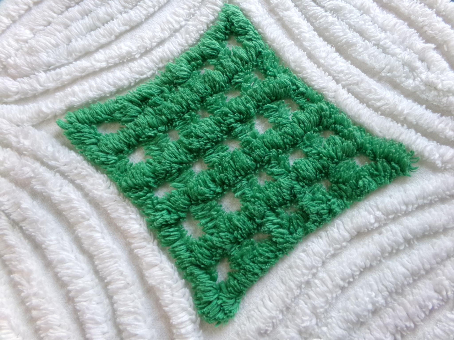preppy chenille fabric, plush kelly green & white 23" x 20" inch piece of vintage sewing material for pillows, quilting, crafts