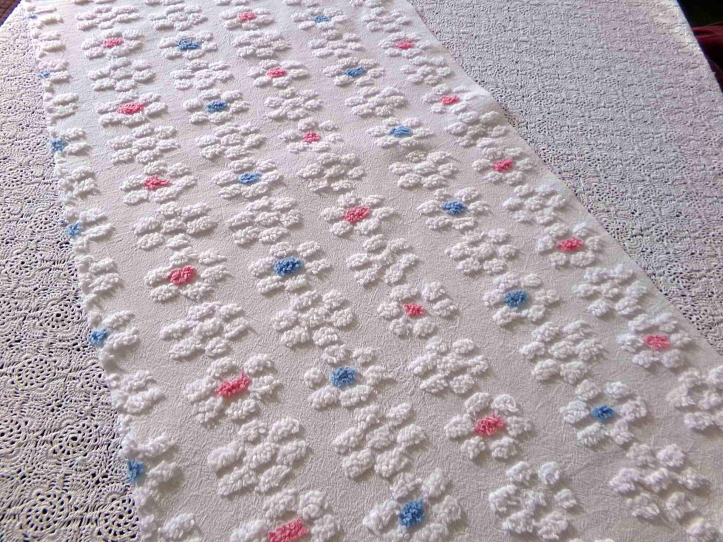Cute Vintage Style Chenille Fabric, Y2K Daisy Pattern in White, Pink & Blue, 18" x 24" inch Piece, 100% Lightweight Cotton
