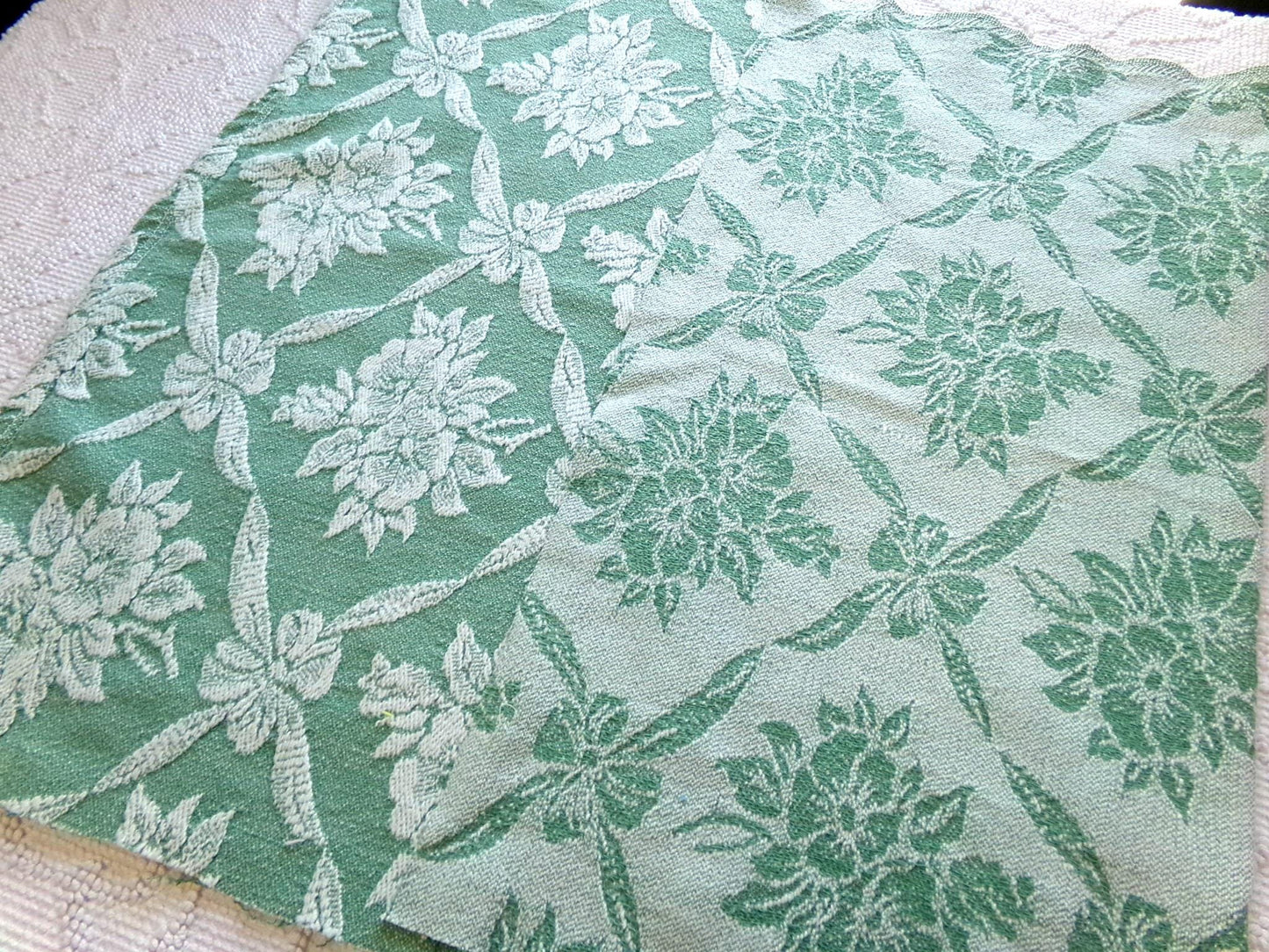 shabby cottage jade rose woven fabric, reversible sewing material from vintage bates bedspread, 20" x 30" piece for pillows, quilting