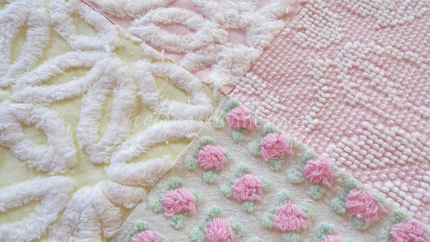 Chenille Fabric Squares Set, "Spring is in the Air", from Vintage Bedspread Fabrics, 16 Quilt Blocks, 6" inch, Cottage Pink, Yellow & White