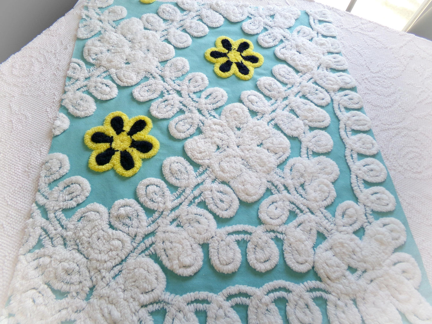 beach girl vintage chenille fabric, frothy white, seaglass blue, 20" x 25" piece of cotton sewing material for crafts, quilts, pillows