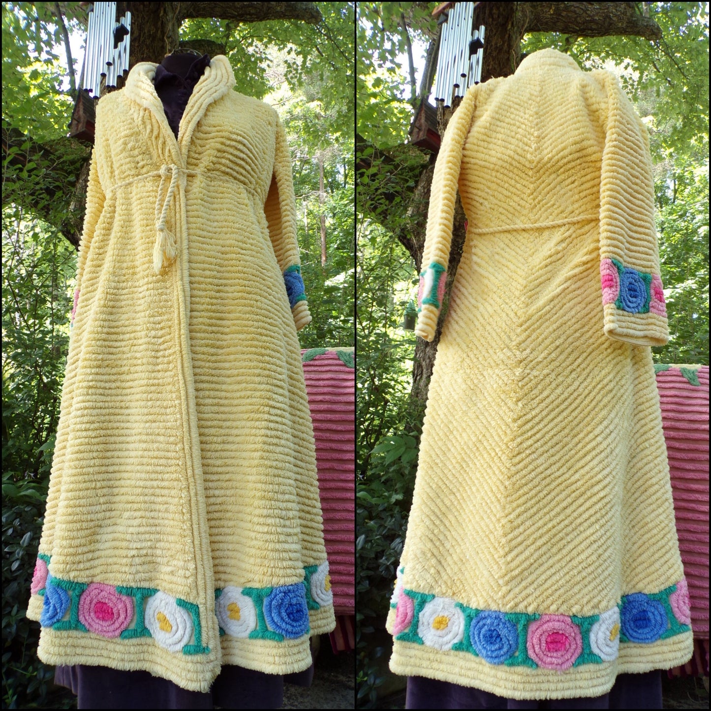 Vintage Ladies Robe, Plush Lollipop Roses on Cheerful Yellow, Retro Chenille Bedspread Bathrobe, Very Small