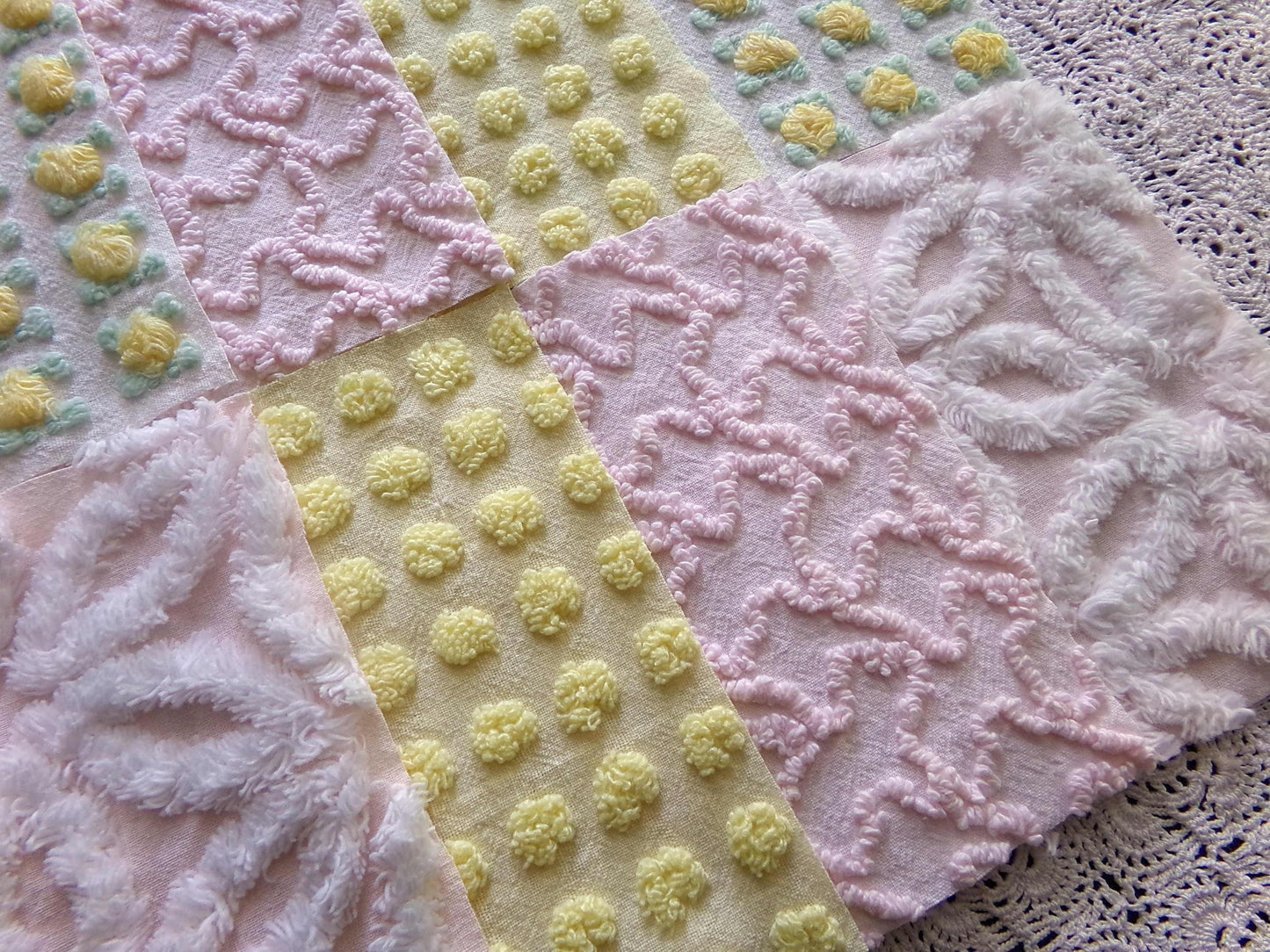 Spring Dance Chenille Quilt Squares, Cheerful Craft Square Set from Vintage Bedspread Fabric, 16 Blocks, 6" x 6" inch, Pink & Yellow