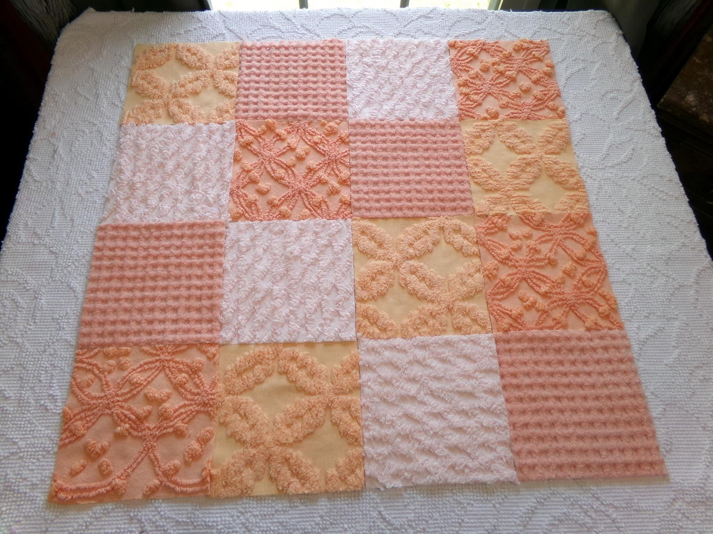 bliss peach chenille fabric squares, set of 16 vintage craft quilt blocks 6" inches, geometric designs for quilt inlays, pillows, fiber arts
