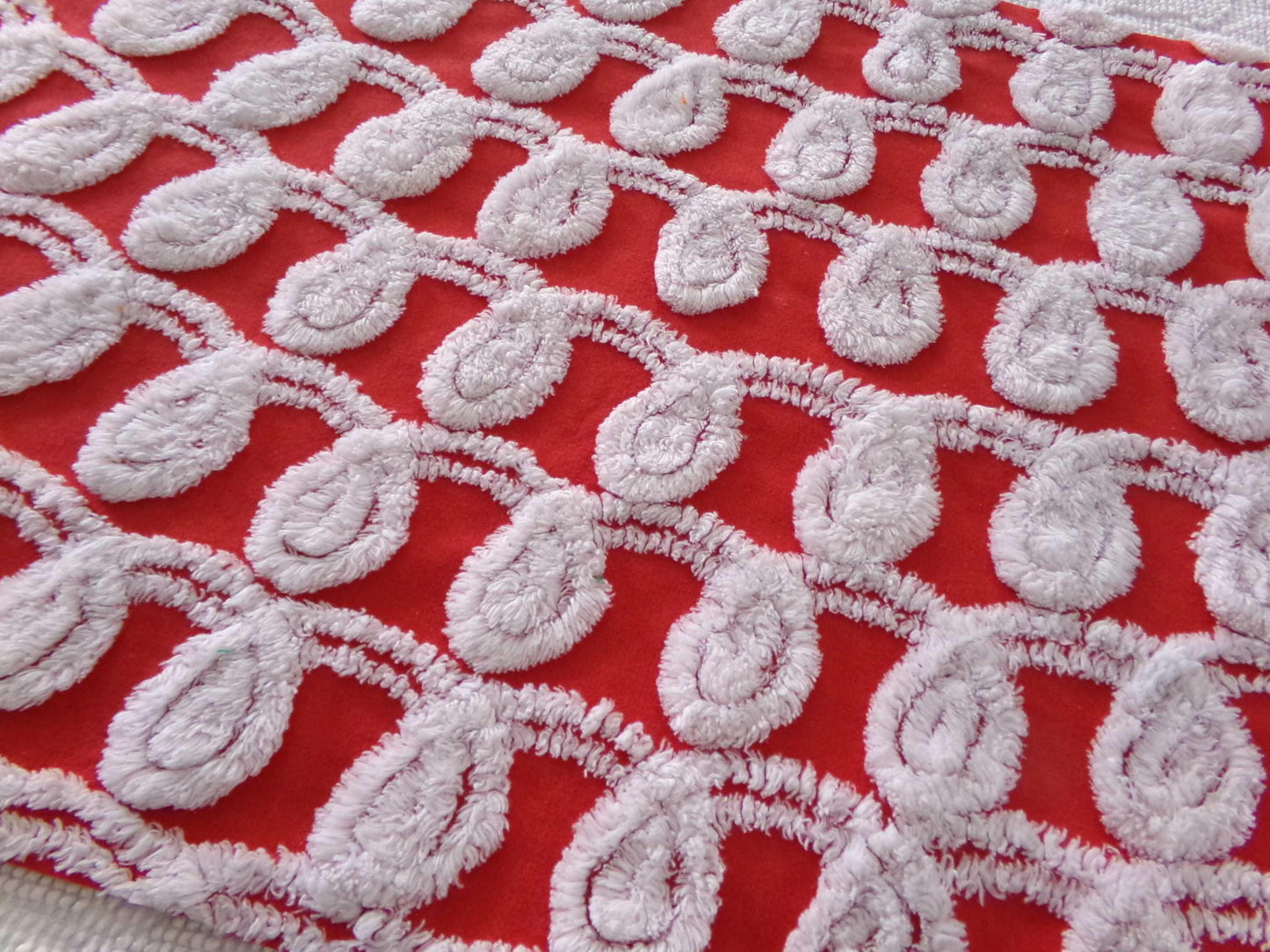 rare white curlicues on red fabric, 15" x 26" inch piece of vintage chenille bedspread material for sewing & quilting