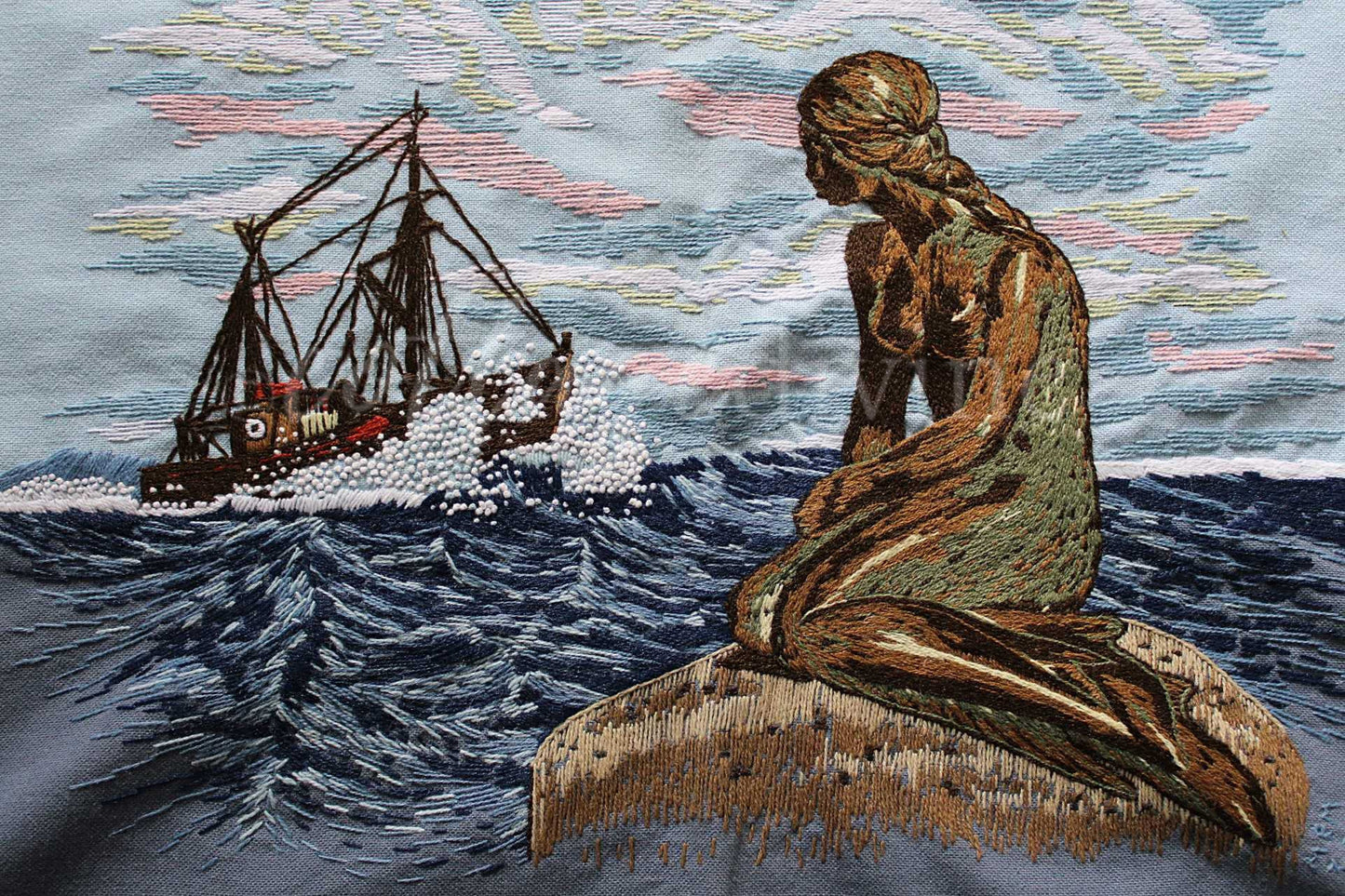 Vintage THE MERMAID Finished 1970s Embroidery Piece, Completed Paragon Crewel Stitchery 0411, Adele Veres