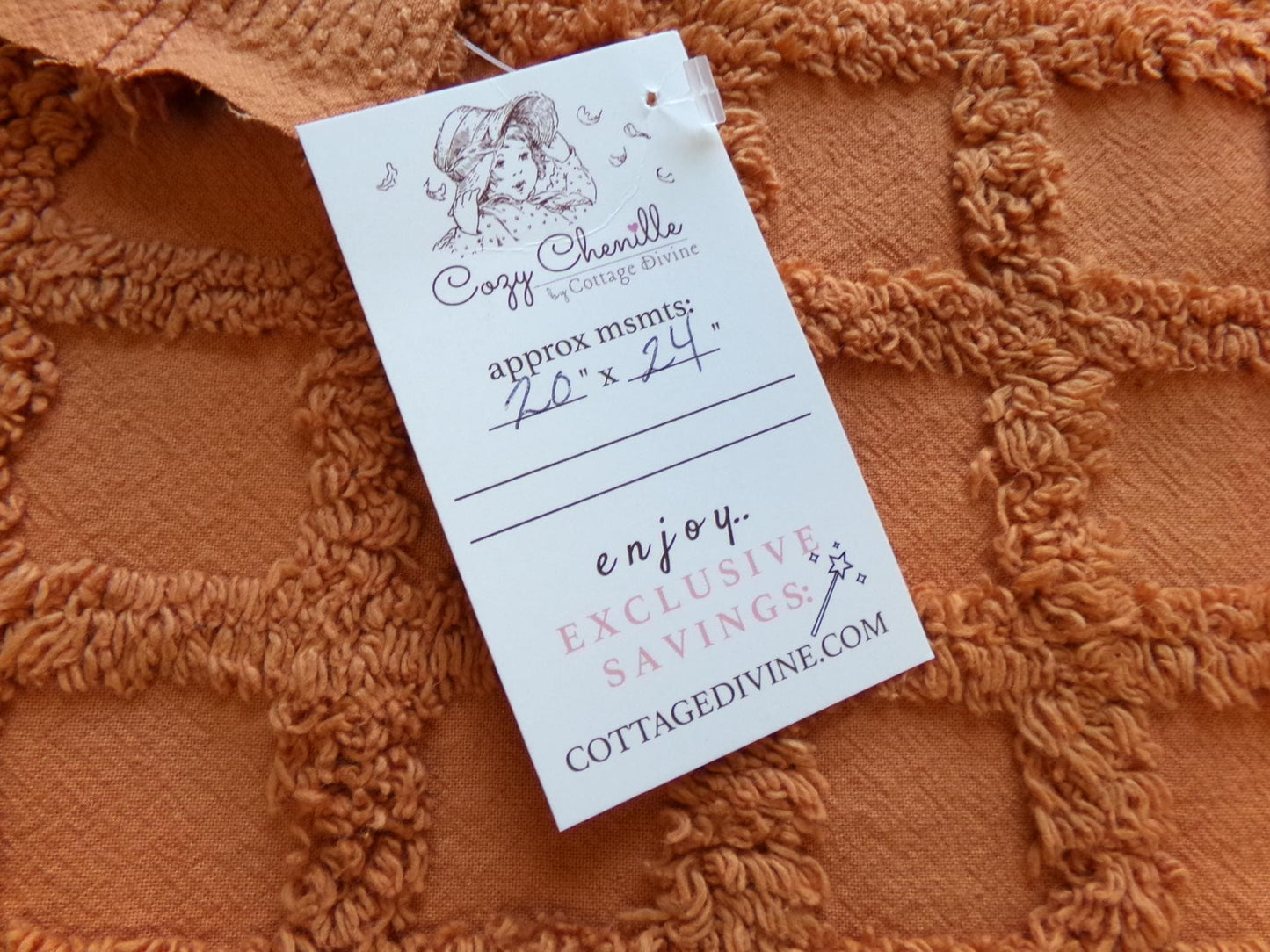 nutmeg pumpkin spice chenille fabric, 20" x 24" boho vintage style sewing material for quilts, crafts in simple windowpane tufted design