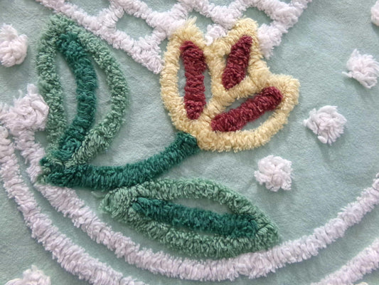 cutest springtime tulip vintage fabric, 13" x 23" inch piece cut from a chenille bedspread, mint green floral sewing material