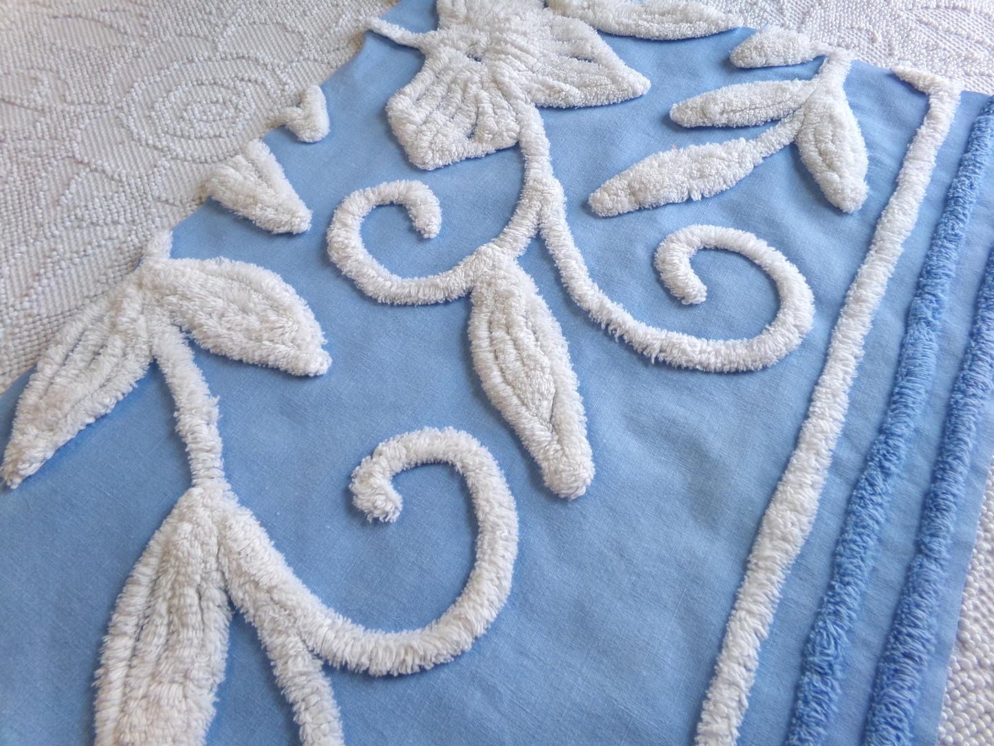 botanical white lily vintage chenille fabric, soothing blue 15" x 22" piece of sewing material for quilting and crafts