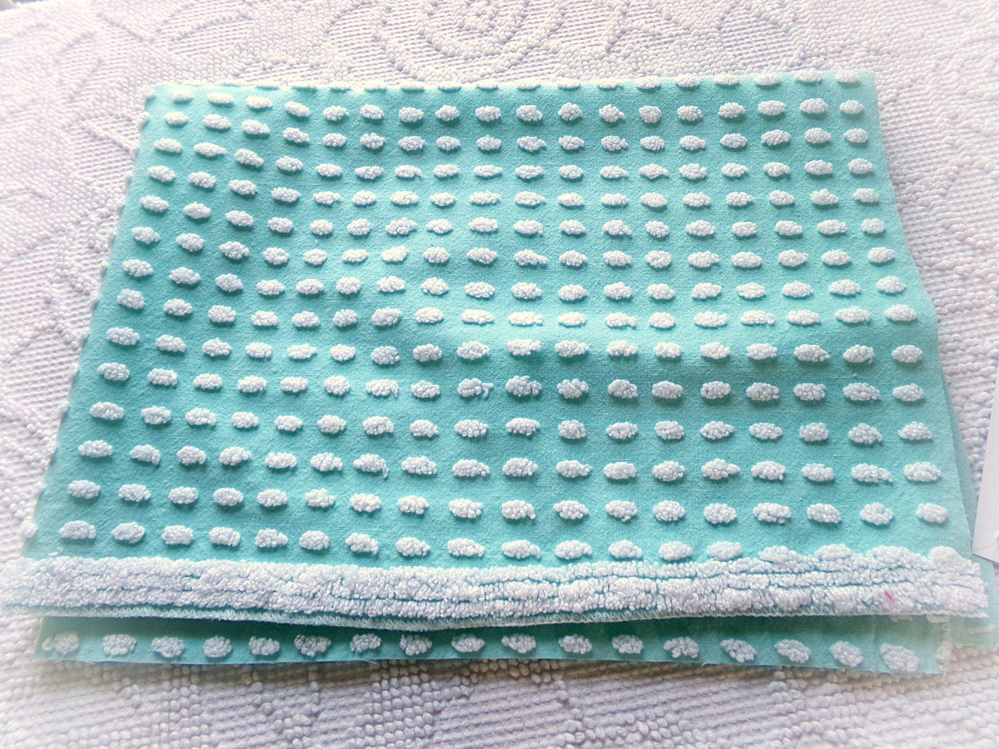 nubby elongated pops vintage chenille fabric, shabby unique 18" x 24" cut piece, white dots on aqua teal lightweight cotton