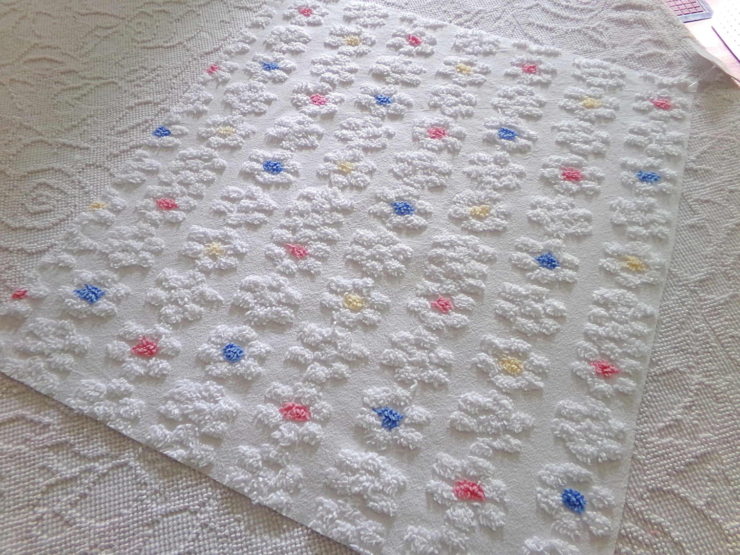 Adorable Rainbow Daisy Vintage Style Chenille Fabric, White Floral 20" x 22" inch Piece, So Cute in Quilts & Sewing Projects