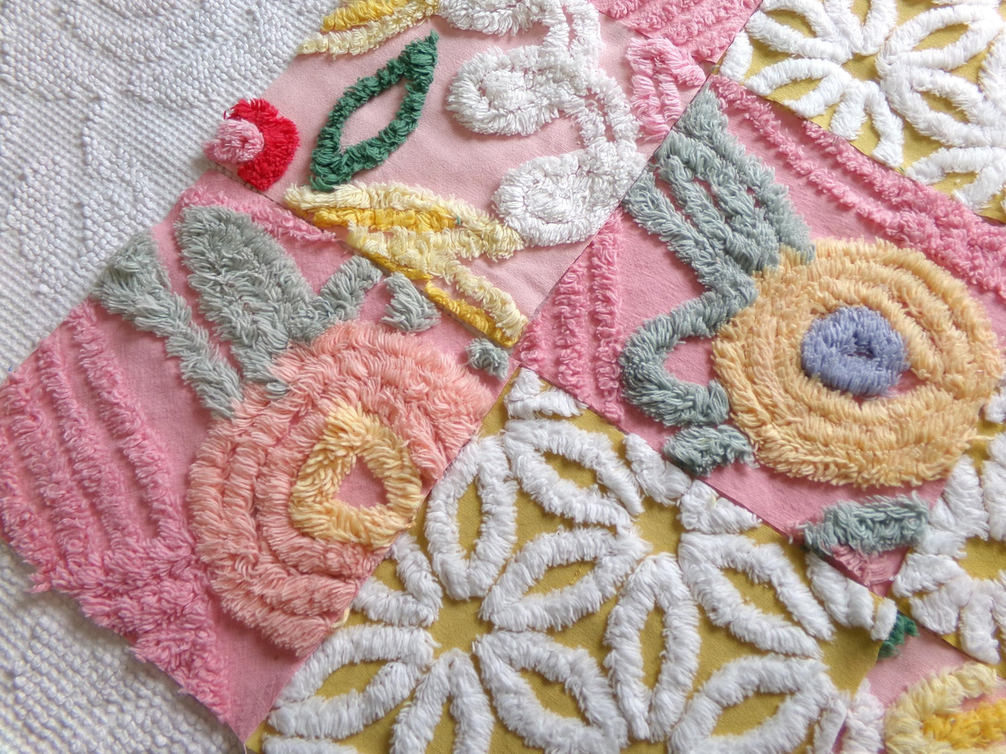 vintage chenille fabric squares, "autumn sunrise" set of 16 golden pink floral 6" quilt blocks for quilting, crafts, sewing