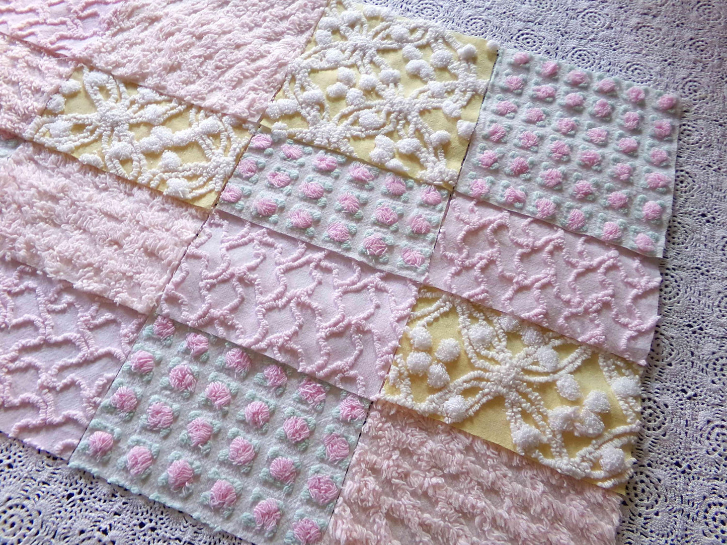 Whispers of Spring Vintage Chenille Fabric Squares Set 16 Blocks, 6" inch ea in Peach, Yellow, Pink & White daisies, rosebud, lattice, pops