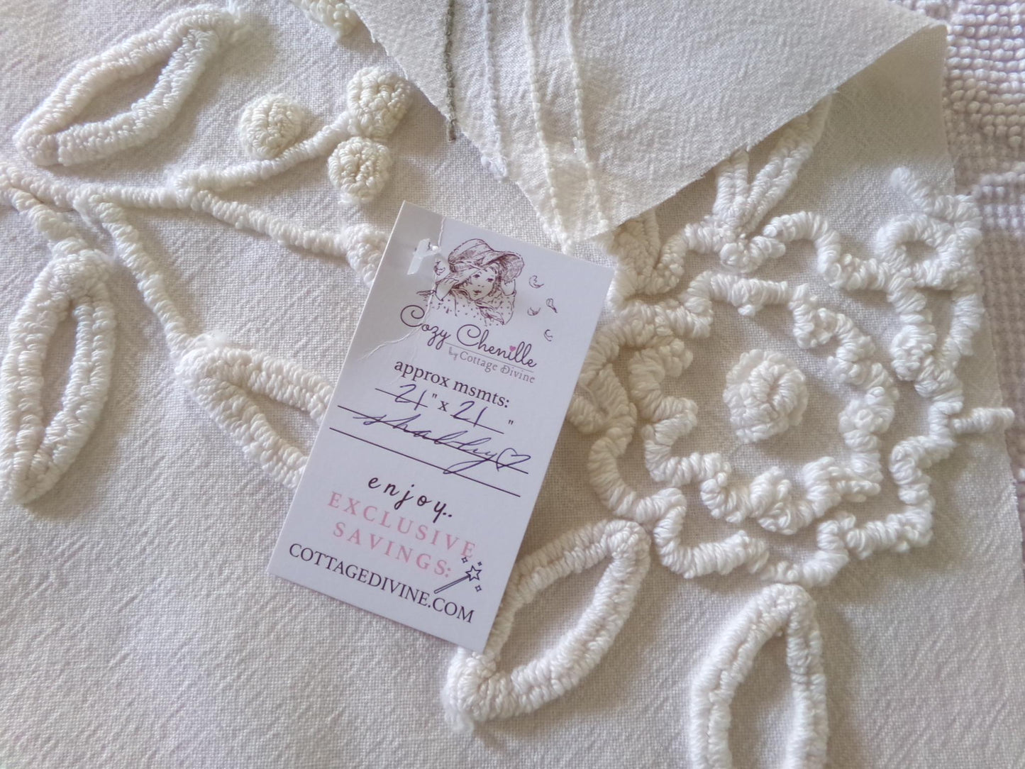 shabby chic chenille fabric, lovely needletuft rose floral design, 21" x 21" inch piece of vintage sewing material great for a pillow cover