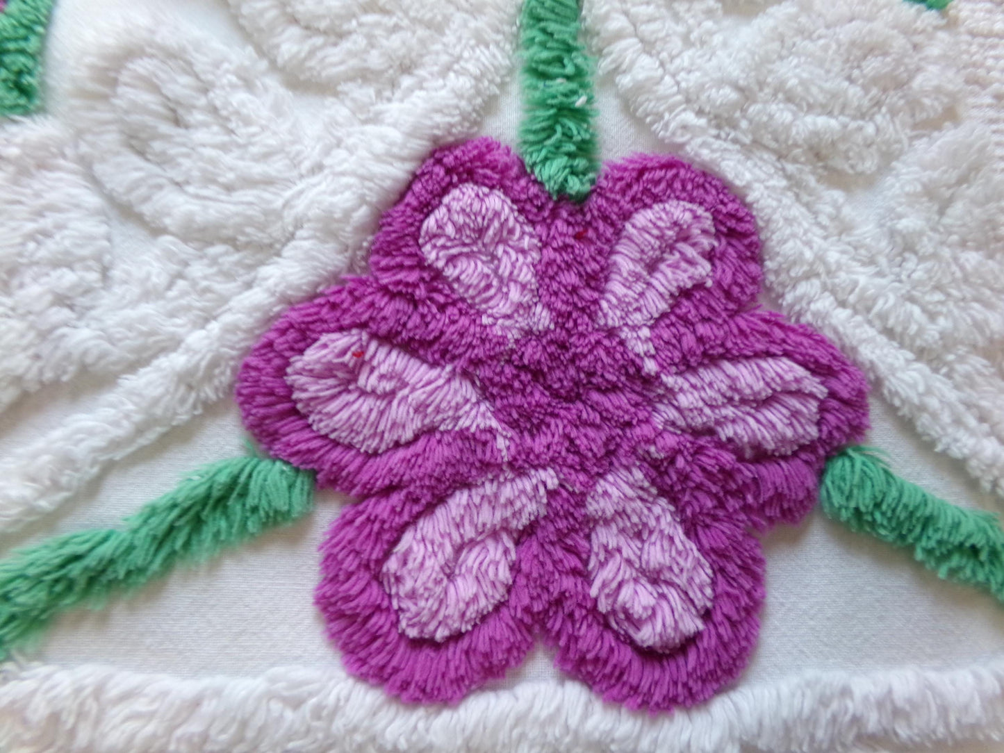 Whimsical Violets Vintage Chenille Fabric, 18" x 20" Inch Piece Plush White Cotton Sewing Material, Great for DIY Pillow
