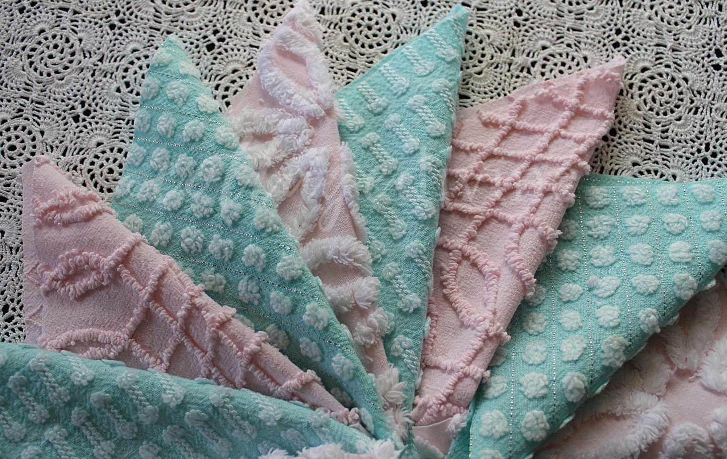 Pink & Aqua Chenille Quilt Squares Set, Rotary Cut from Vintage Chenille Bedspread Fabric, 16 Blocks, 6" x 6" inch each