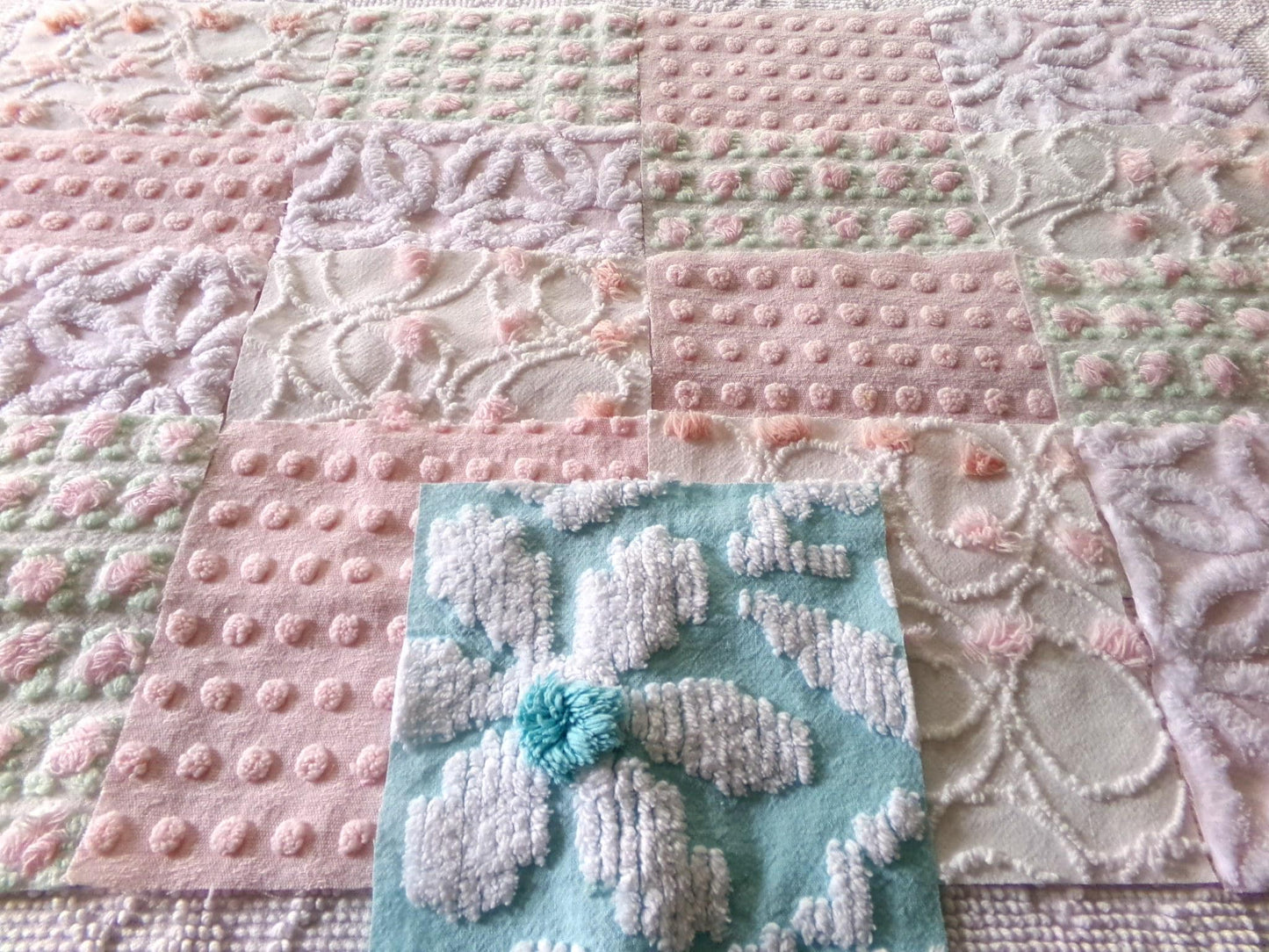 cottage garden chenille fabric squares, vintage craft square set of 17 quilt blocks, 6" x 6" inch, ideal in handmade chenille quilts, crafts