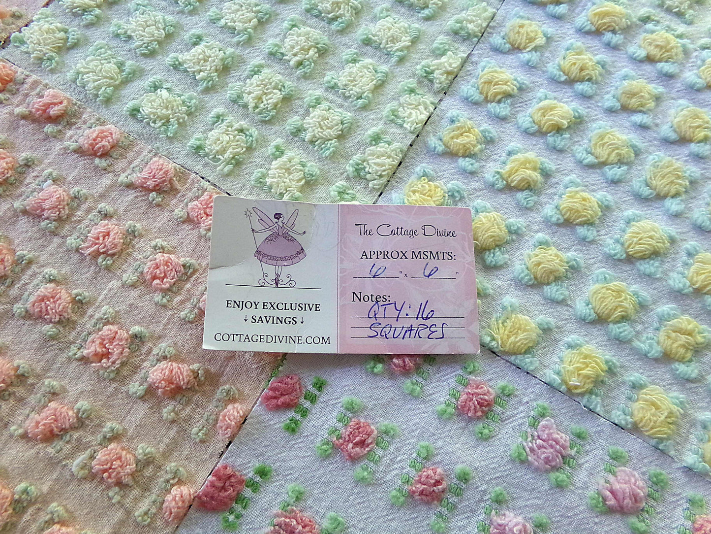 Sunrise Rosebud Chenille Quilt Squares Set, from Vintage Bedspread Fabric, 16 Blocks, 6" inch, in Yellow, Peach, & Ombre Pink Roses
