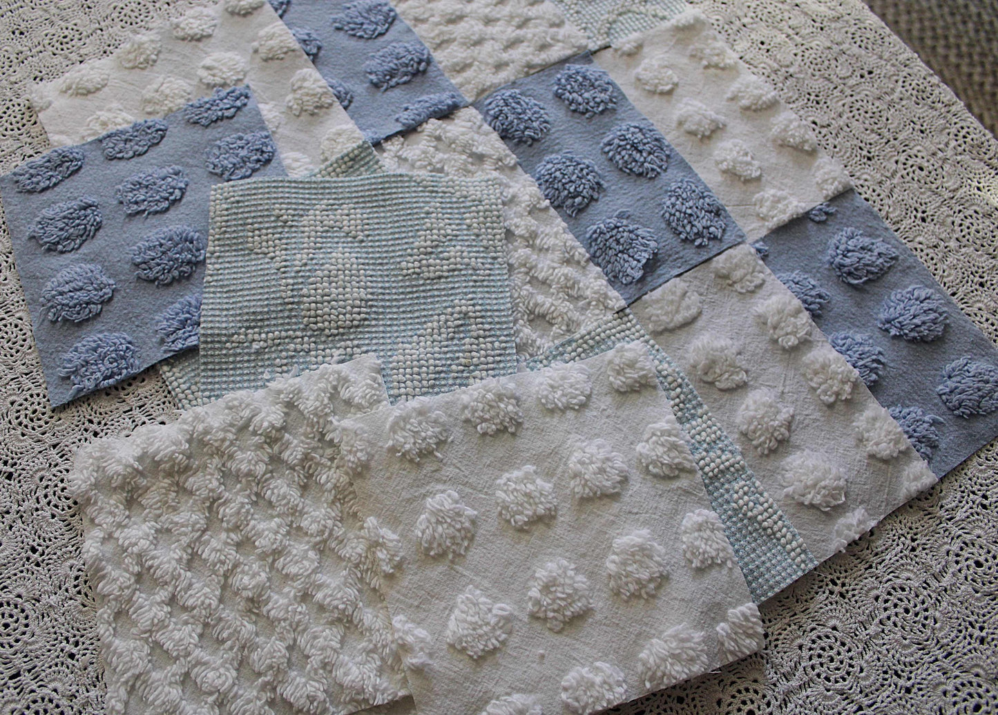 Chenille Fabric Squares, Beachy Blue & White Craft Square Set from Vintage Bedspread Fabric, 16 Blocks, 6" x 6" inch