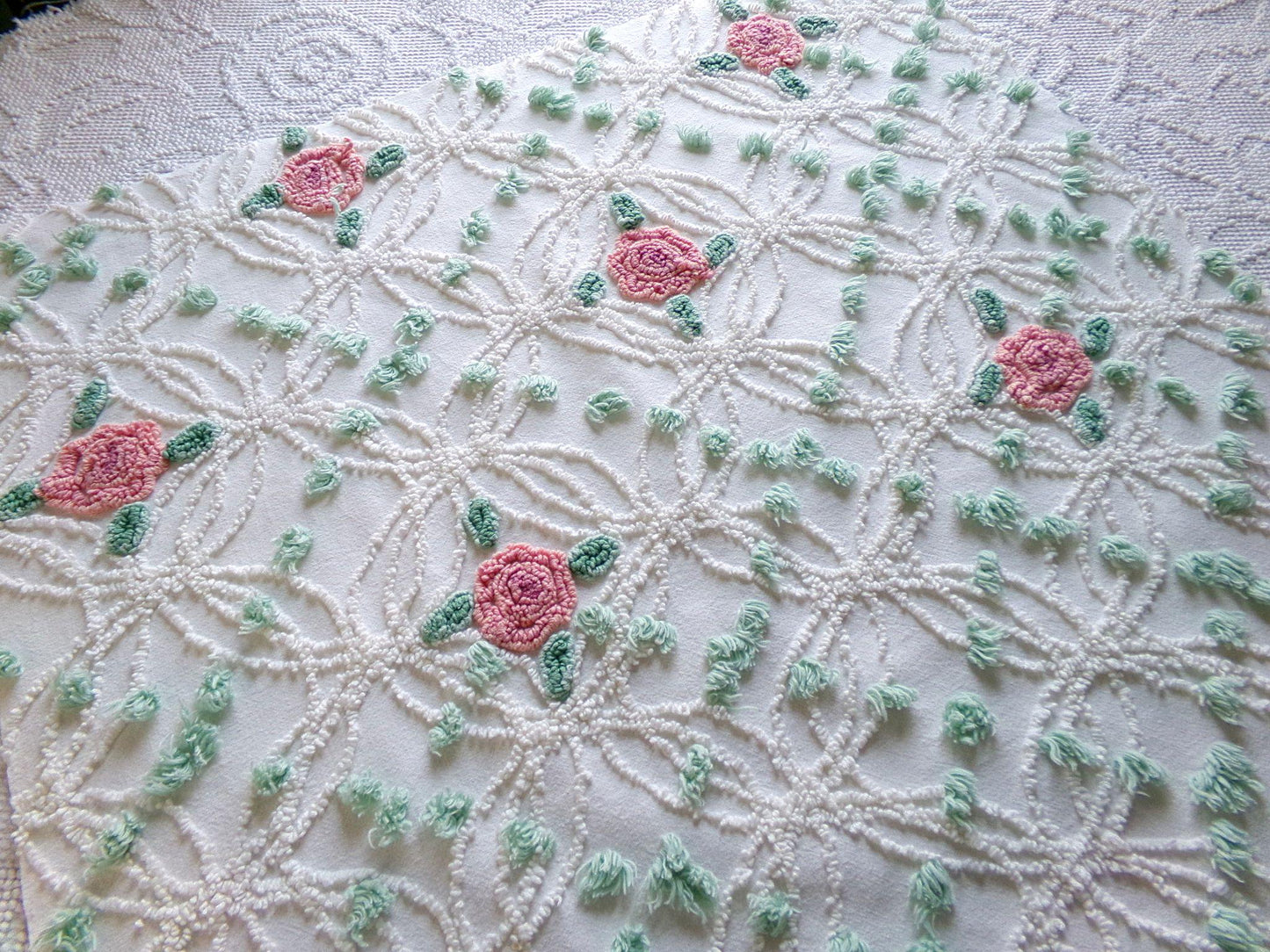 Cottage Life Vintage Chenille Fabric, 23" x 25" Piece, Beautiful Pink Roses Nested in White Wedding Rings with Mint Green Pops