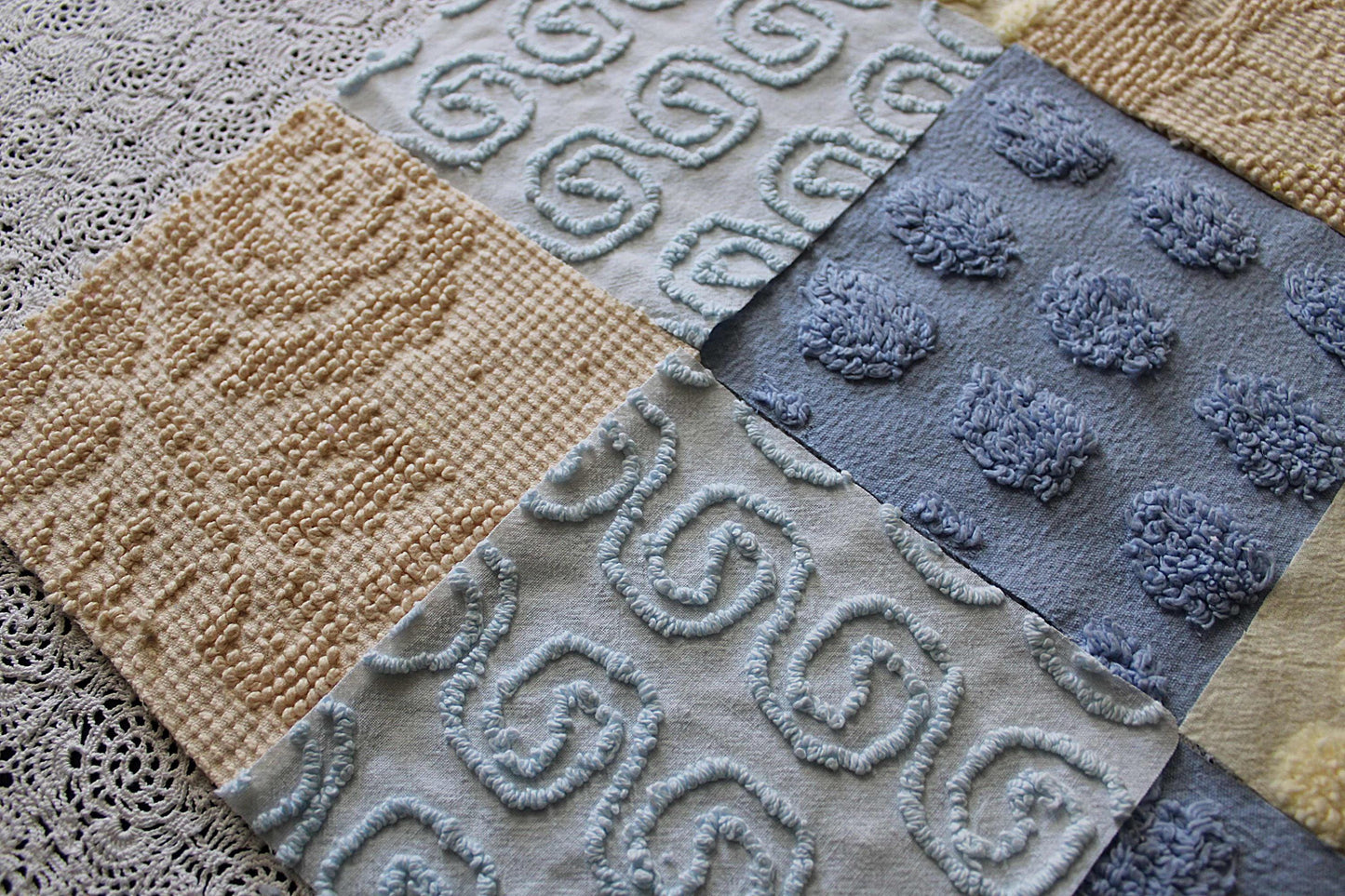 Ocean Sands Vintage Chenille Fabric Squares, Blue & Golden Sand Craft Square Set, 16 Blocks, 6" x 6" inch, Modern Chic