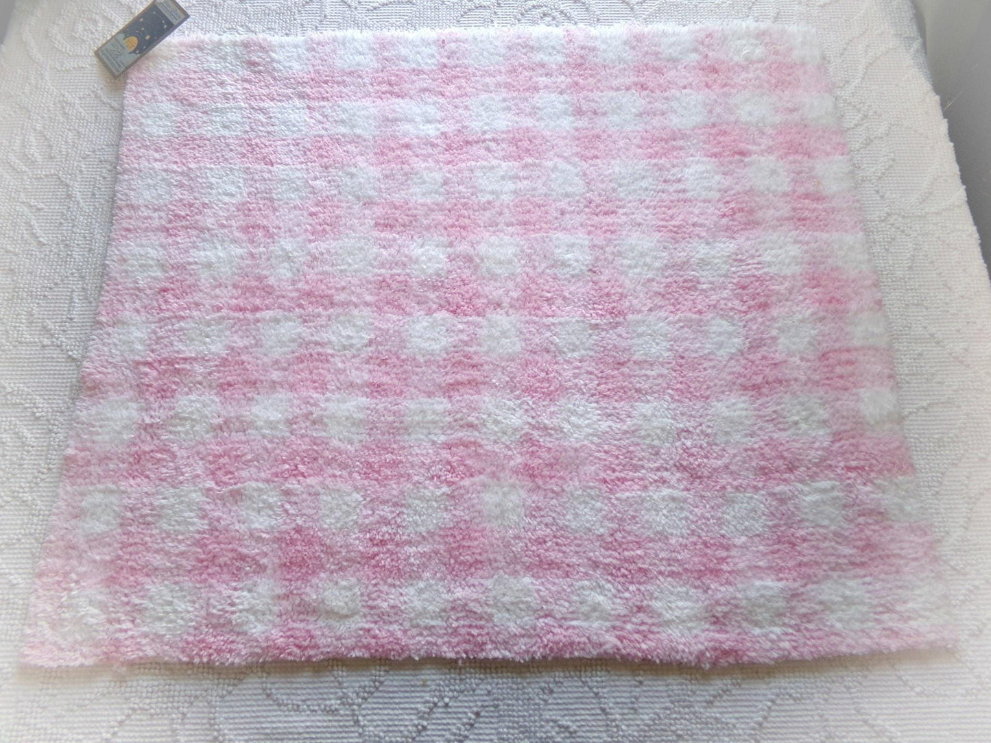snuggle soft pink gingham vintage terry chenille fabric, pretty plaid design on white plush cotton blend 18" x 24" piece sewing fabric
