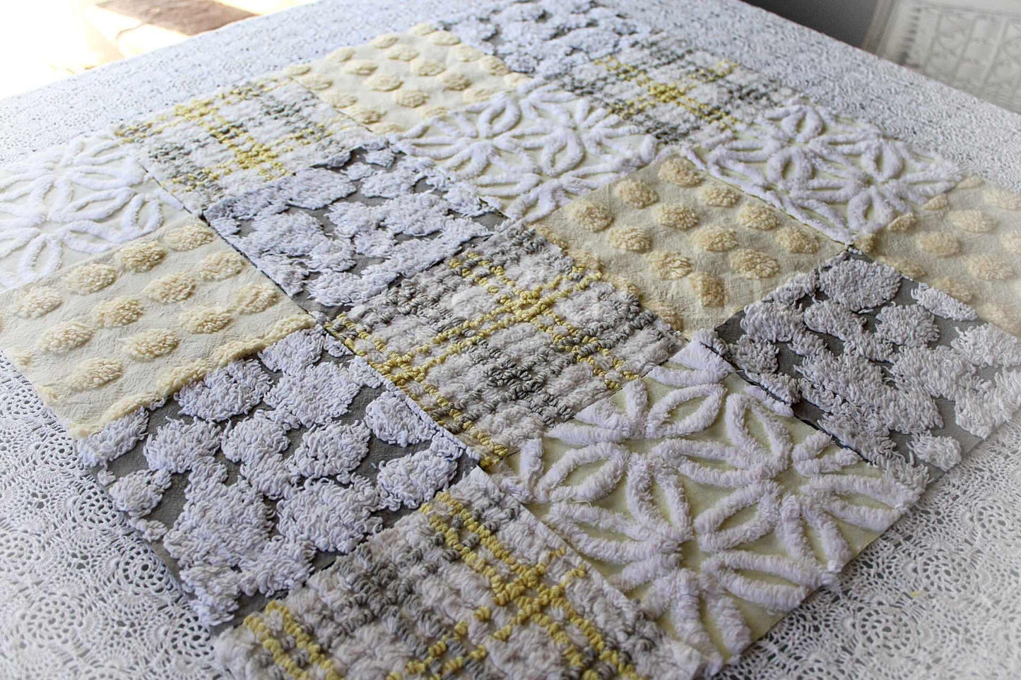 Sunshine & Clouds Chenille Quilt Squares Set, Rotary Cut from Vintage Chenille Bedspread Fabric, 16 Blocks, 6" x 6" inch each