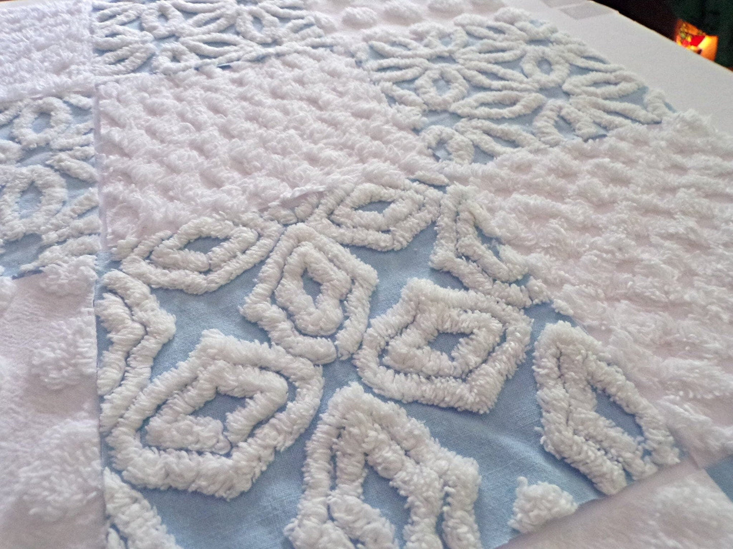 Coastal Classics Quilt Squares Set, from Vintage Chenille Bedspread Fabric, 16 Blocks, 6" x 6" inch, Fluffy Plush Blue & White