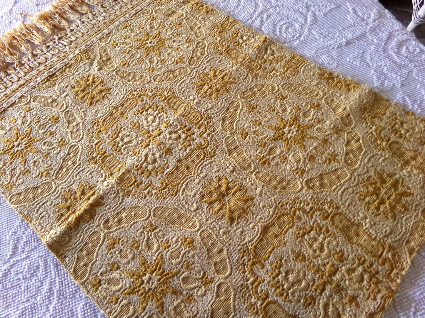 celestial gold matelasse woven tapestry fabric, silky shimmer fringe, 18" x 23" inch piece of vintage luxury sewing material