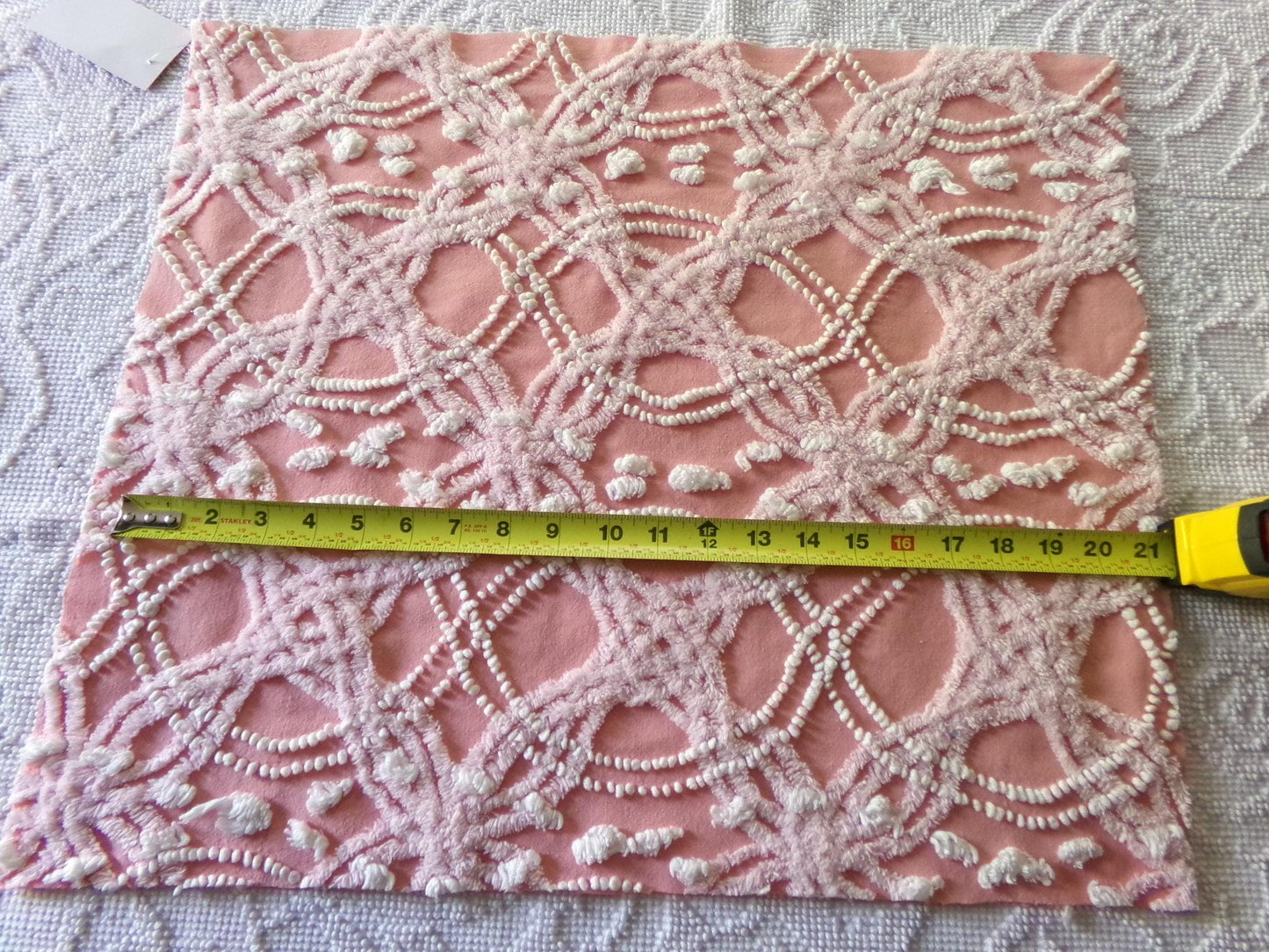 infinity links vintage chenille fabric, beautiful rose pink pearl pop design, 21" x 18" piece of cotton sewing material for pillows & quilts