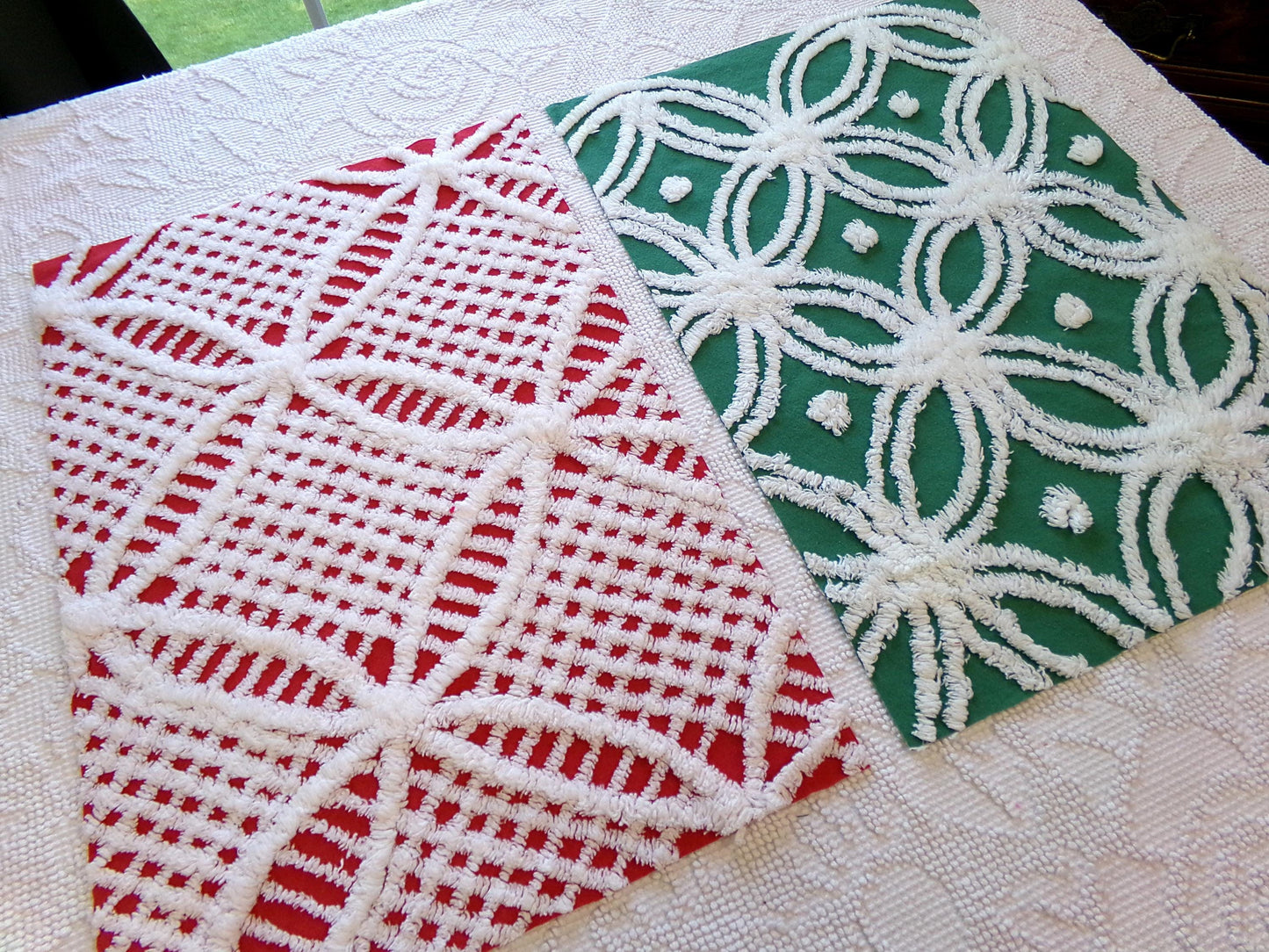 Christmas Quilt Fabric Stash Builder | Vintage Chenille Bundle for Sewing, Quilting in Red, White & Green | 2 Pieces 12" x 18" each