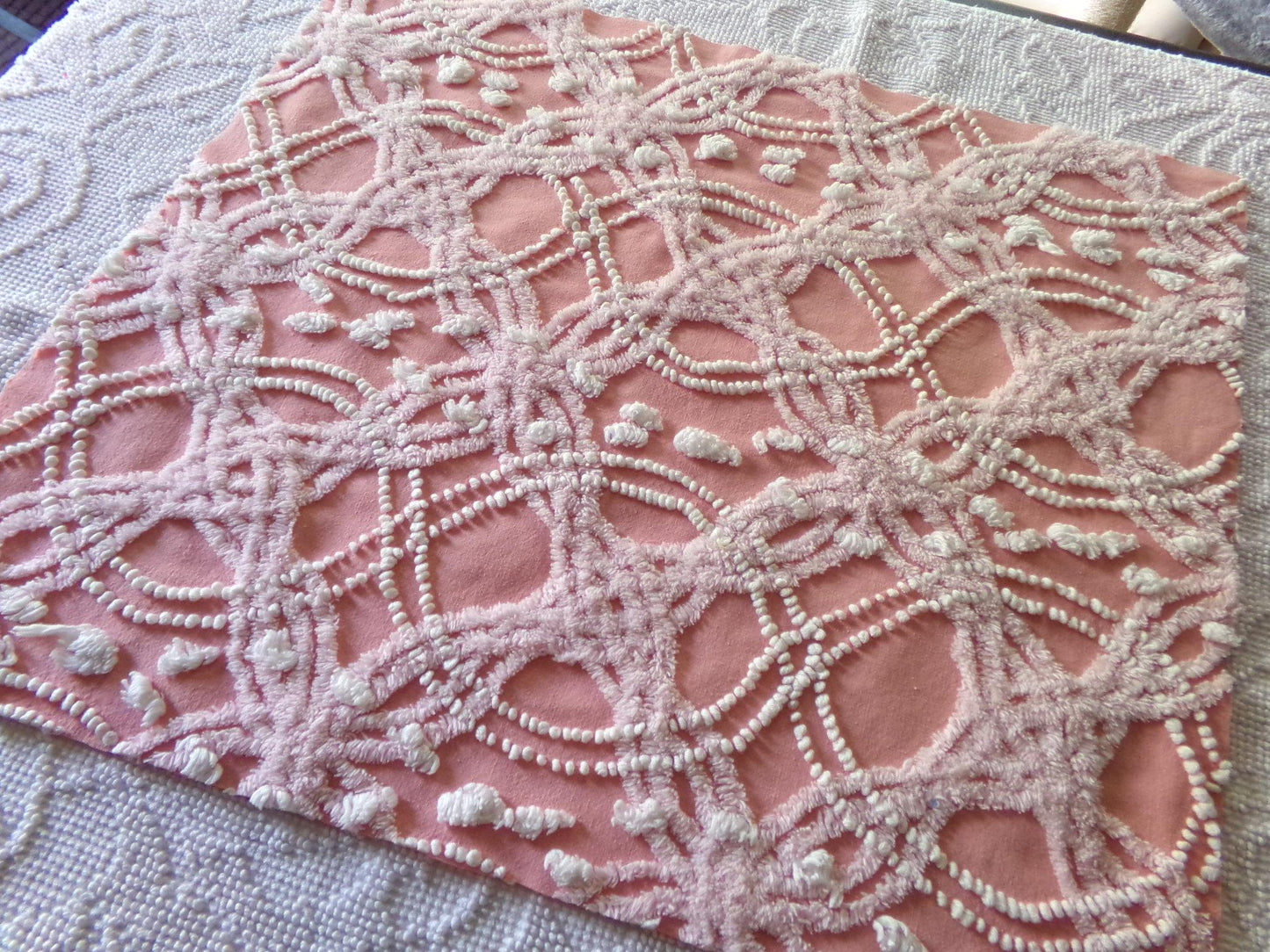 infinity links vintage chenille fabric, beautiful rose pink pearl pop design, 21" x 18" piece of cotton sewing material for pillows & quilts