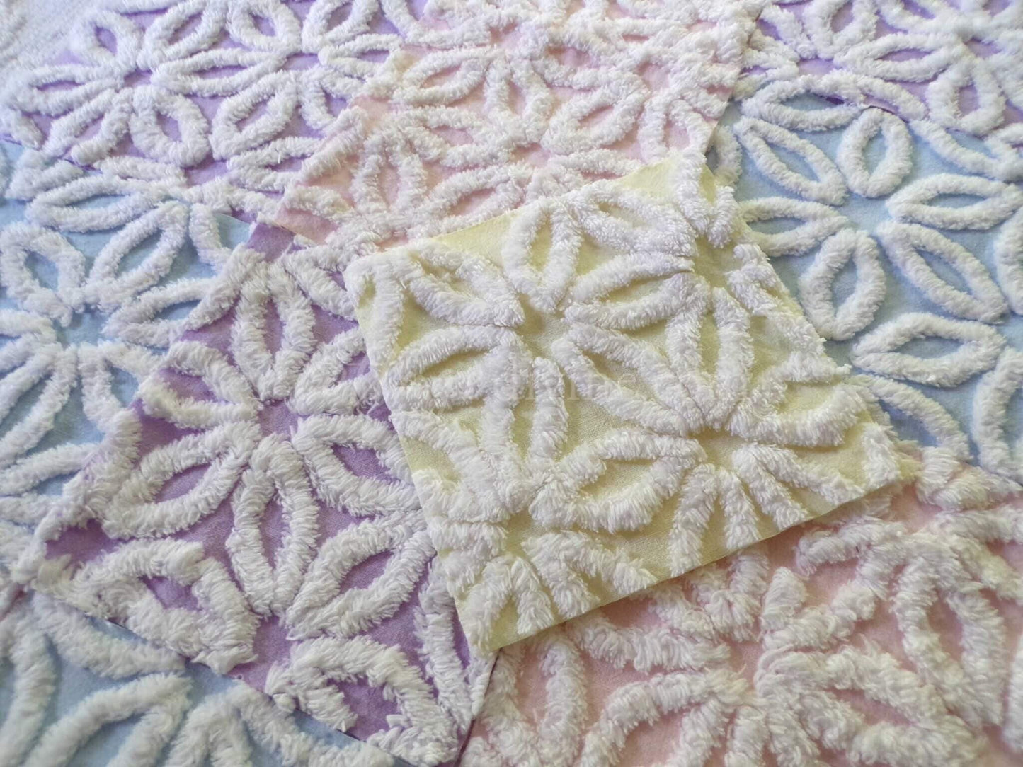 Rainbow Pastel Daisy Quilt Squares Set, Fluffy & Plush, from Vintage Chenille Bedspread Fabric, 16 Blocks, 6" x 6" inch