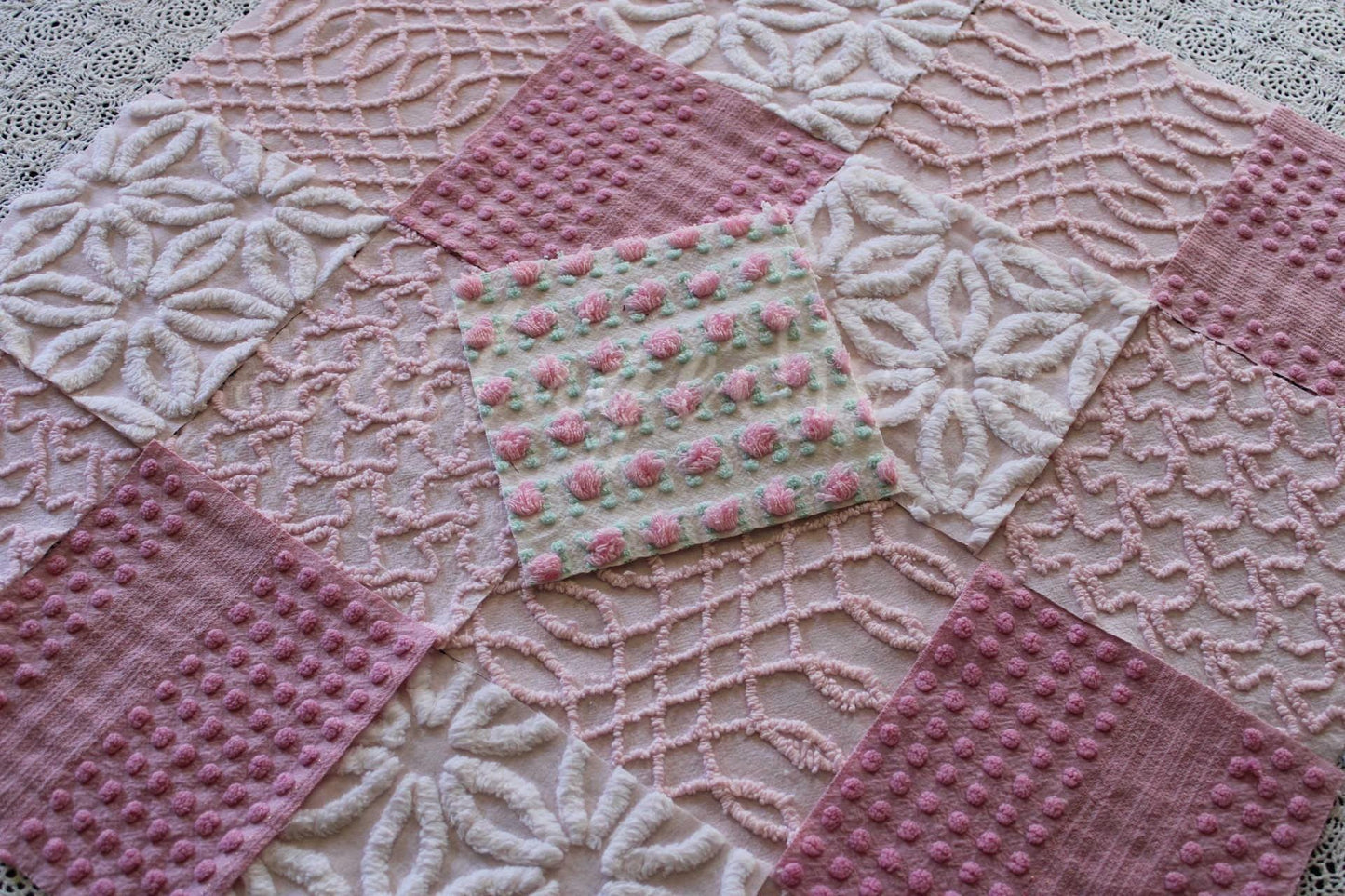 Prettiest Pink Quilt Squares, Daisy Rose Craft Square Set from Vintage Chenille Bedspread Fabric, 17 Blocks, 6" x 6" inch