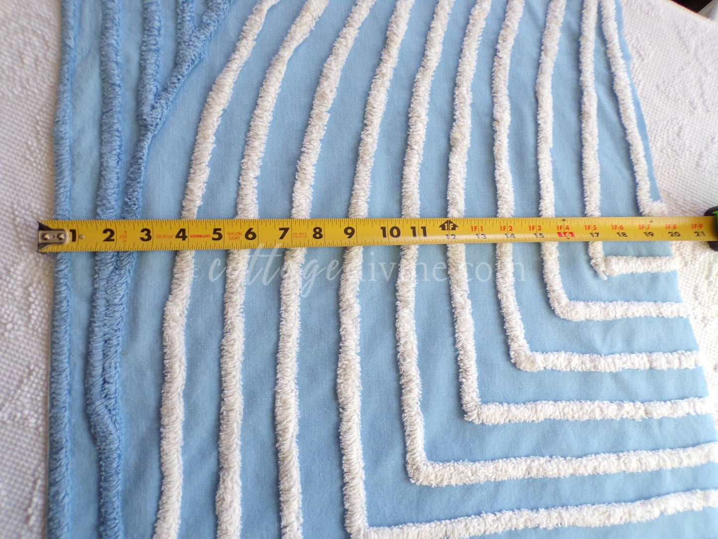 Beach Cottage Blue & White Vintage Chenille Fabric Piece, 19" x 29" inches, Ideal in Quilts and Pillows