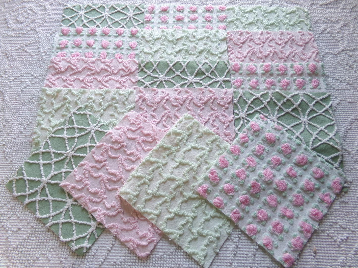 fairy garden chenille fabric squares, set of 16 vintage pink & green quilt blocks 6" ea, rosebud, squiggles for crafts, quilting