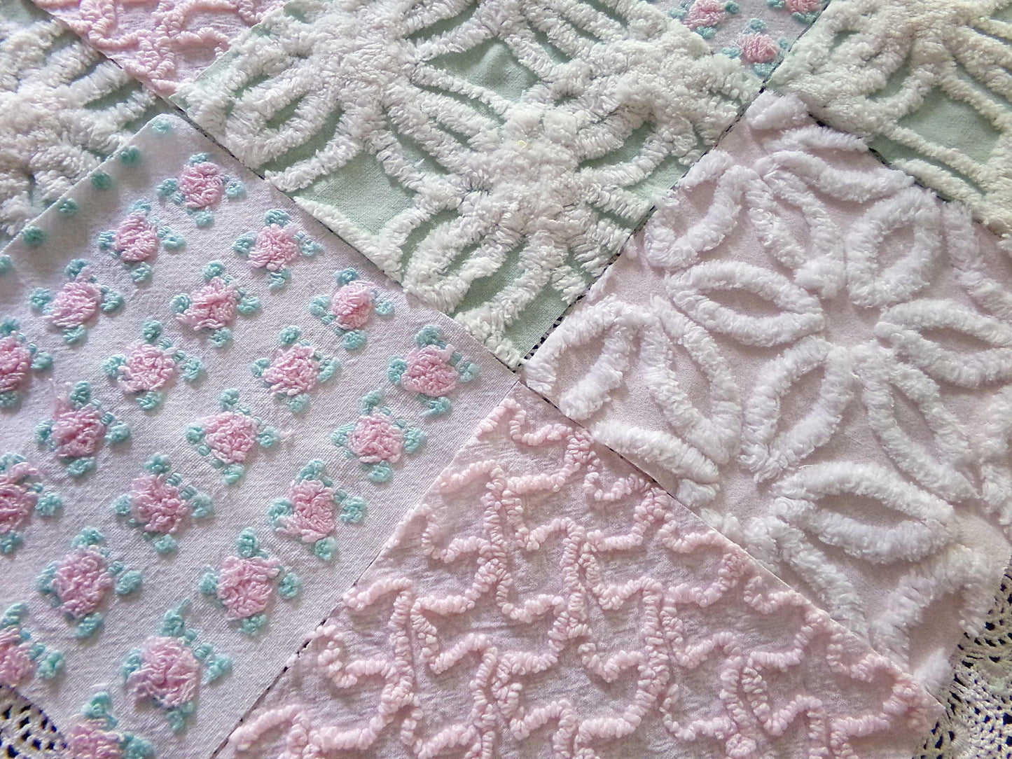 Chenille Squares Set, "Flower Petals," 16 Vintage Fabric Quilt Blocks, 6" inch in White Daisy, Pink Rosebud, Mint Green, Squiggles