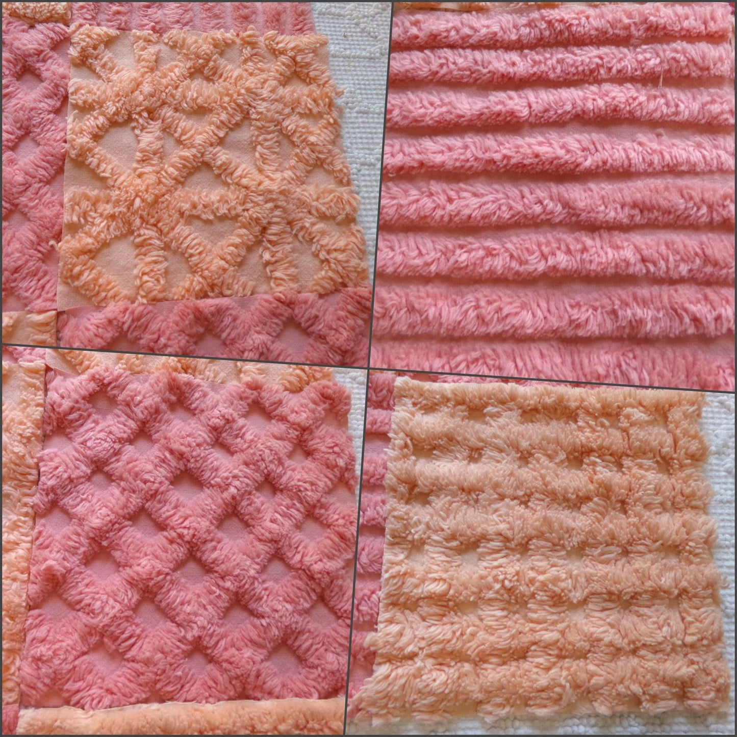 raspberry peach sherbet vintage chenille fabric squares, set of 16 plush soft tufted 6" blocks