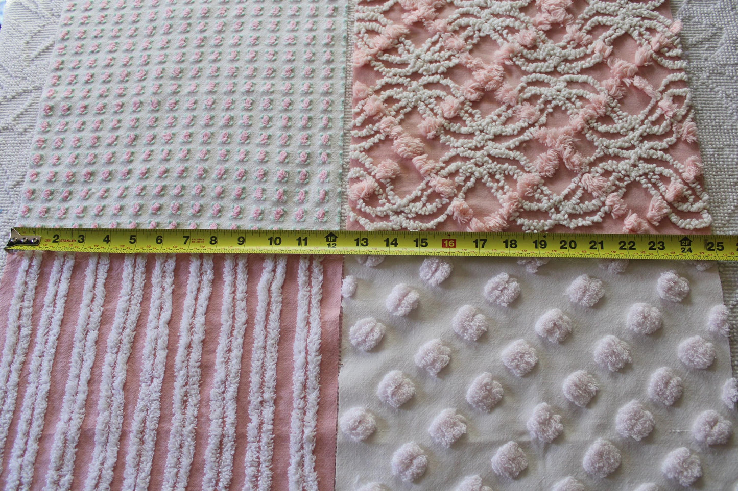 tickle me pink chenille fabric squares, set of 4 vintage large quilt blocks 12" inches ea, rosebud, pops, stripes, infinity tuft