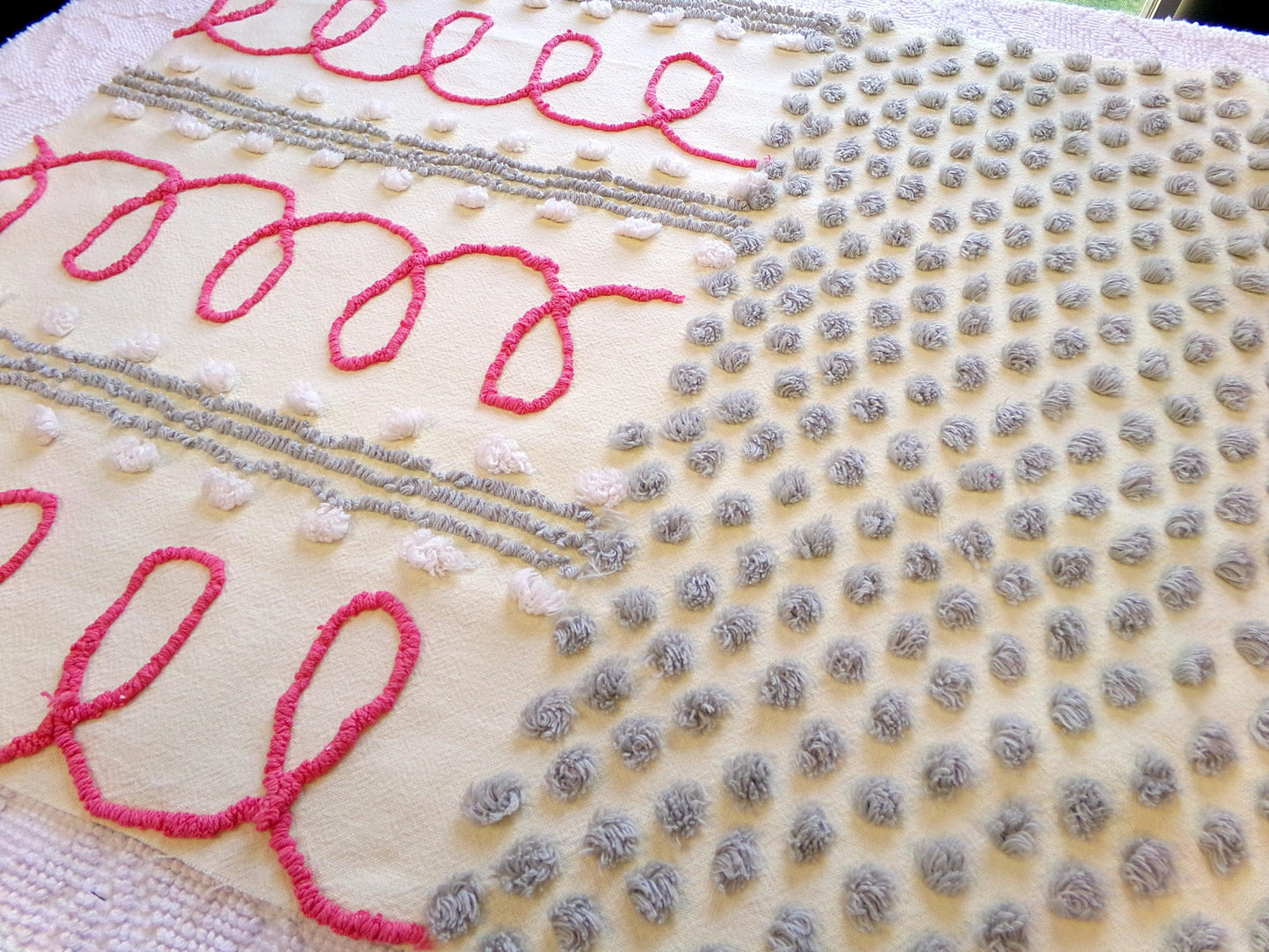 doodles & dots vintage chenille fabric, red loops w/ grep pops on buttery yellow, 20" x 24" cut piece