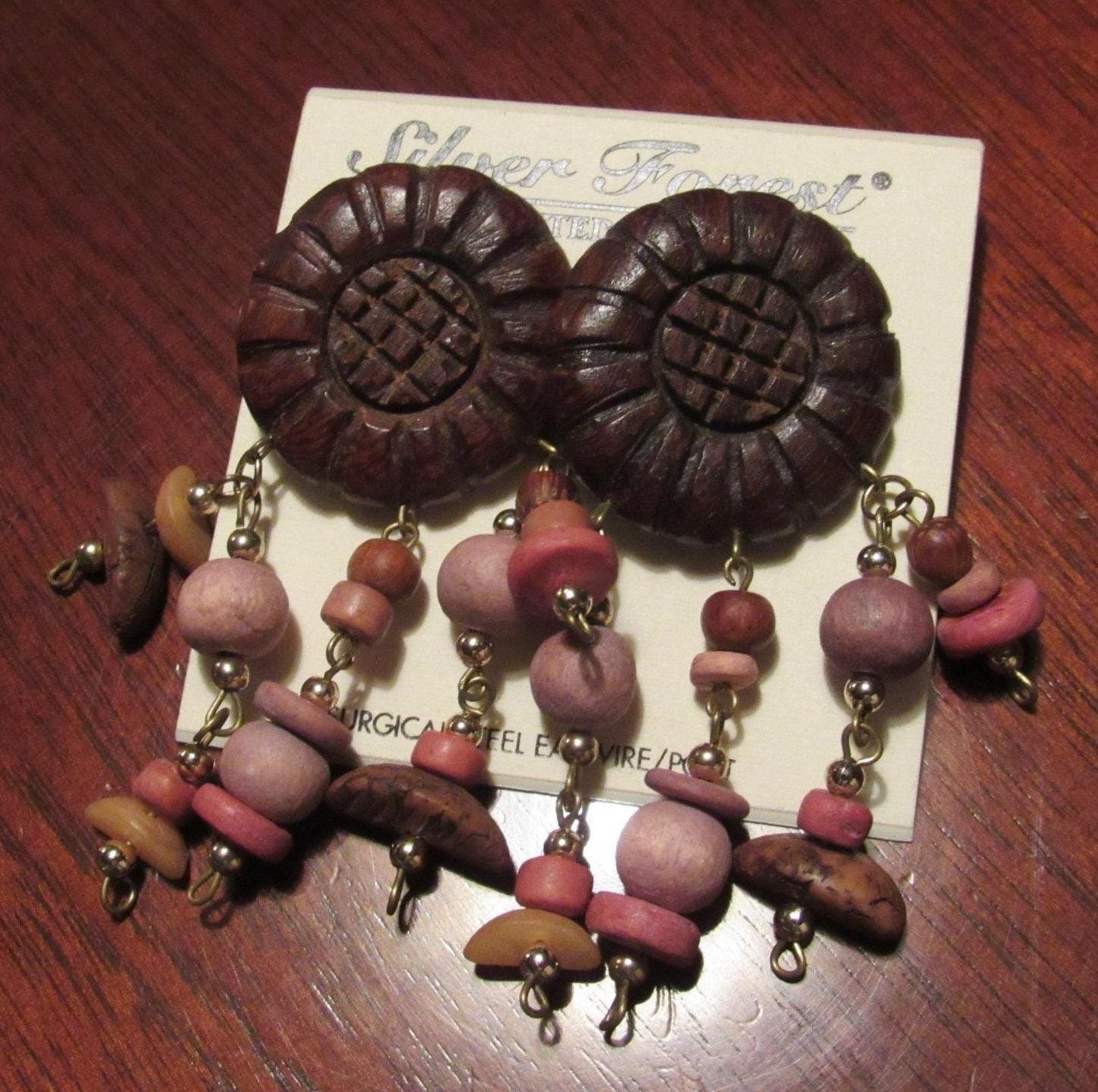 Carved Wood Daisy Dangle Pierced Earrings with Bangles, Vintage Silver Forest Vermont Hippie Boho Artisan Style